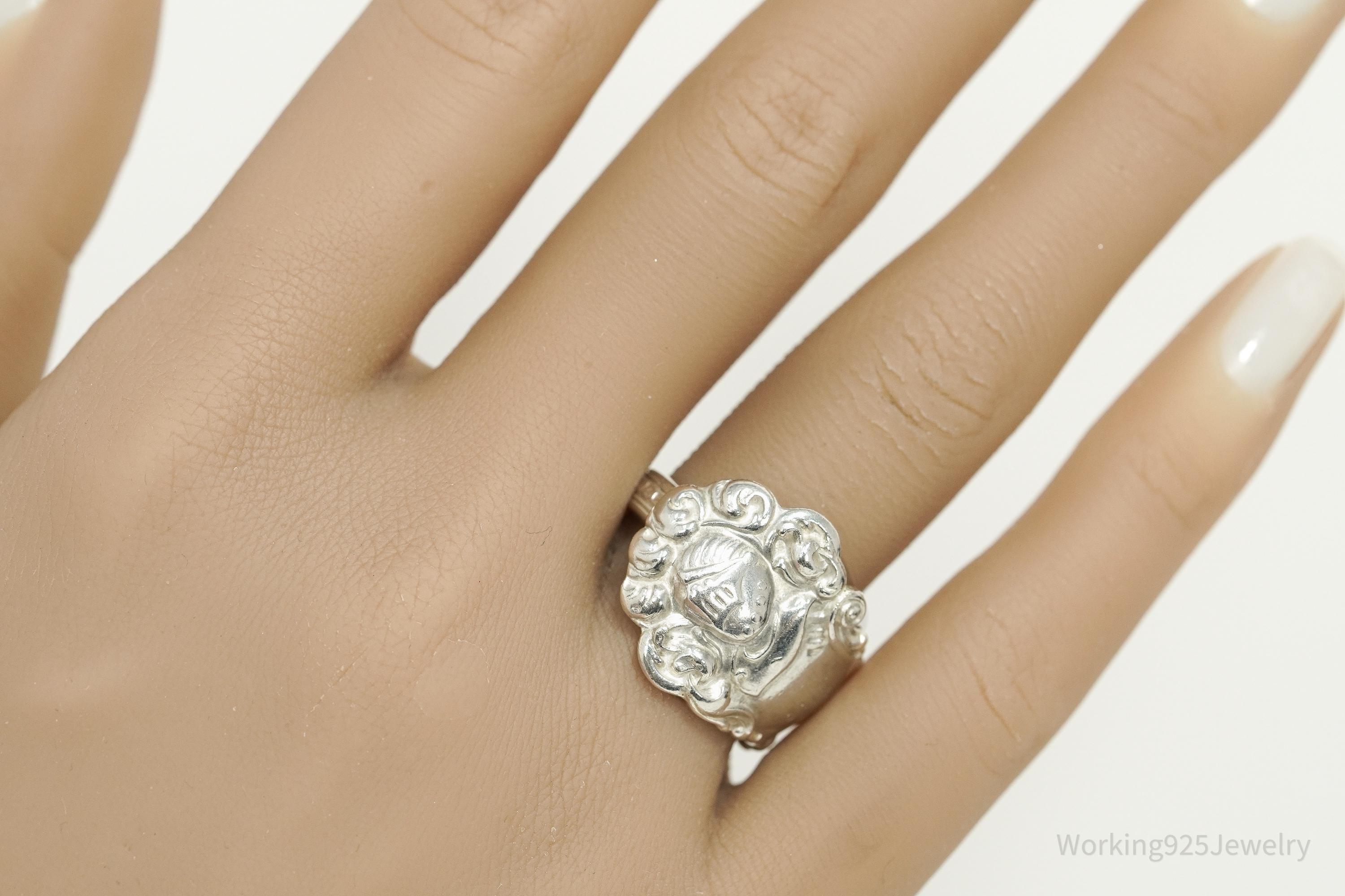 Antique Knight In Armor Sterling Silver Spoon Ring - Size 8