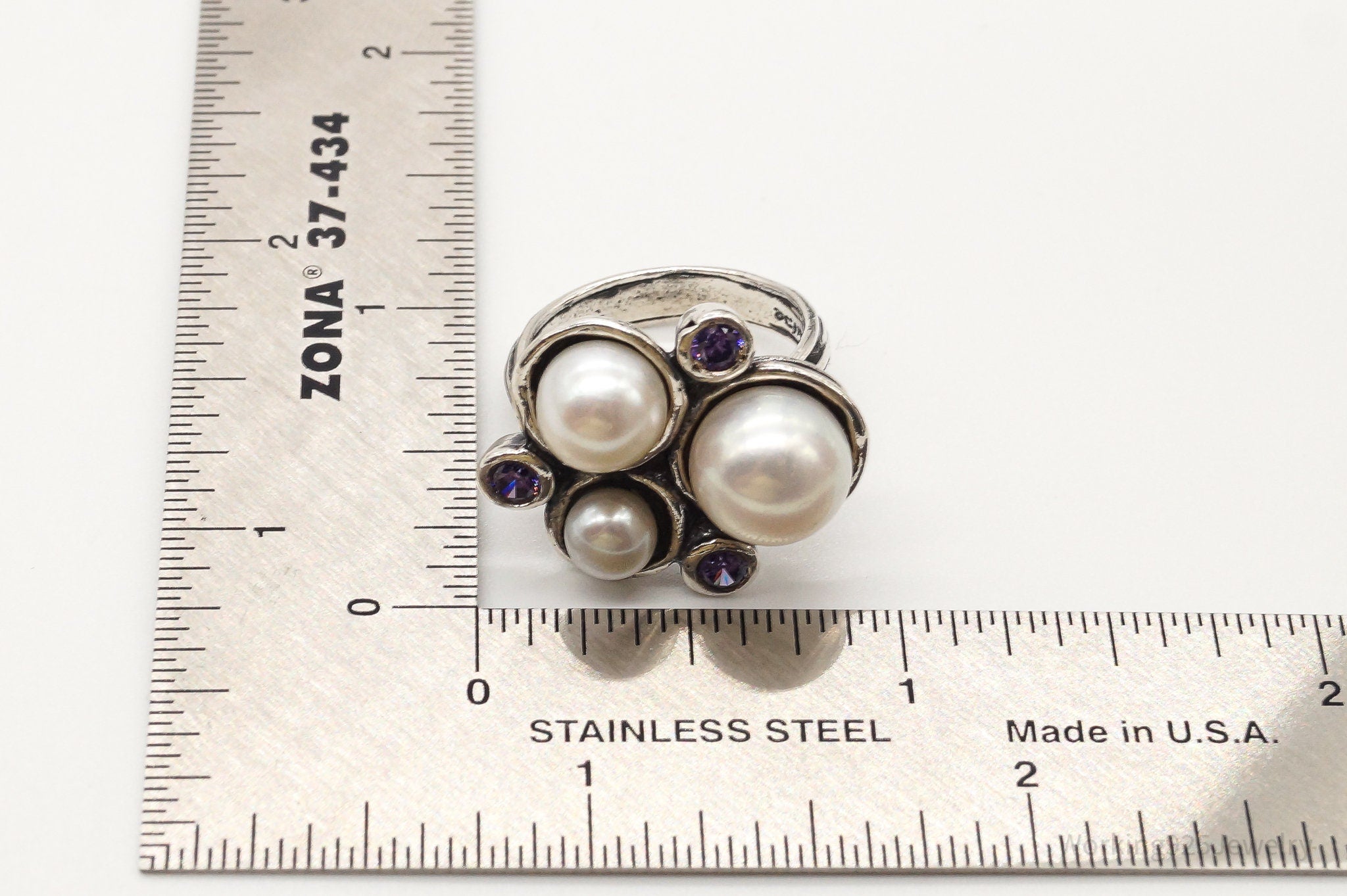 Vintage Shablool Didae Pearl Purple CZ Sterling Silver Ring - Size 6.75