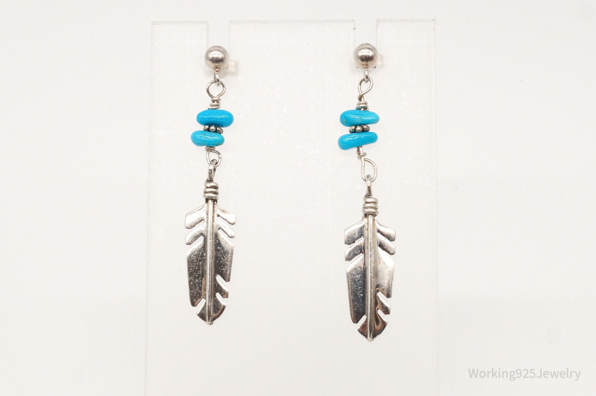 Vintage Native American Turquoise Feather Sterling Silver Earrings