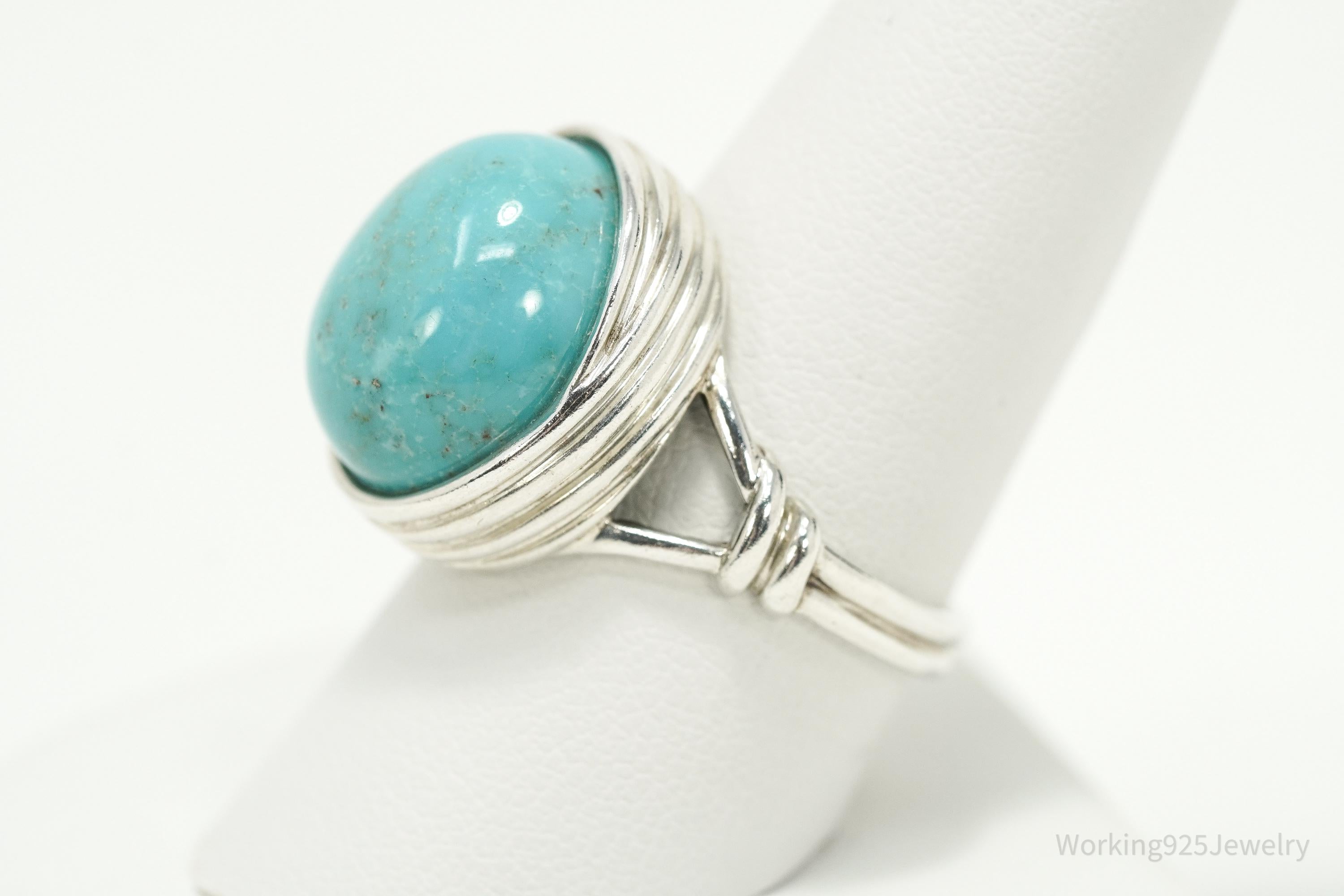 Vintage Turquoise Split Shank Sterling Silver Ring Size 9