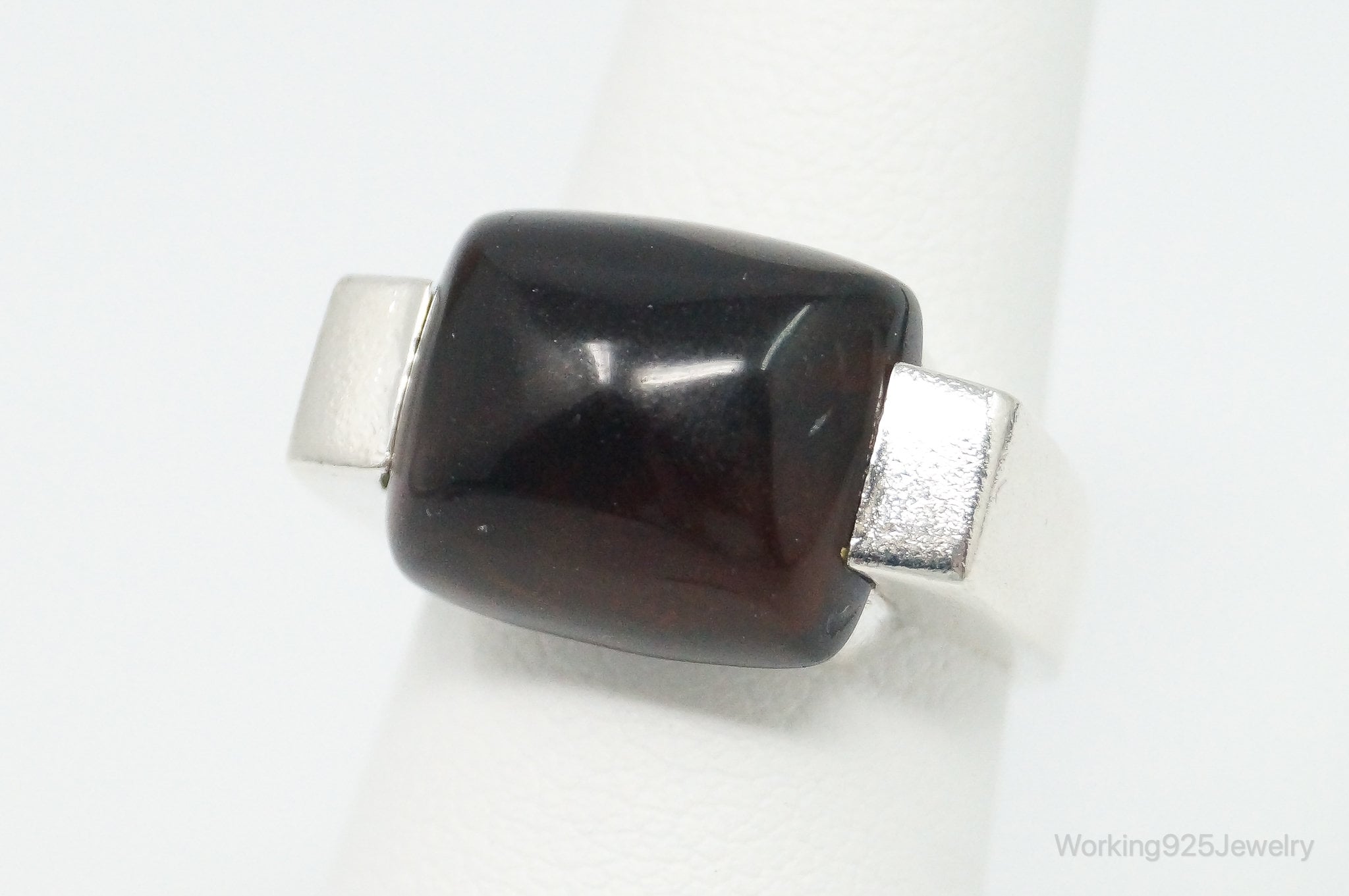 Vintage Large Dark Brown Amber Sterling Silver Ring - Size 6.25