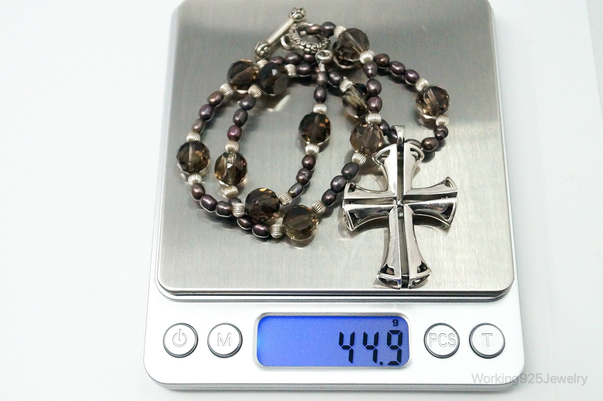 Designer Large Cross Smoky Topaz Pearl Sterling Silver Necklace