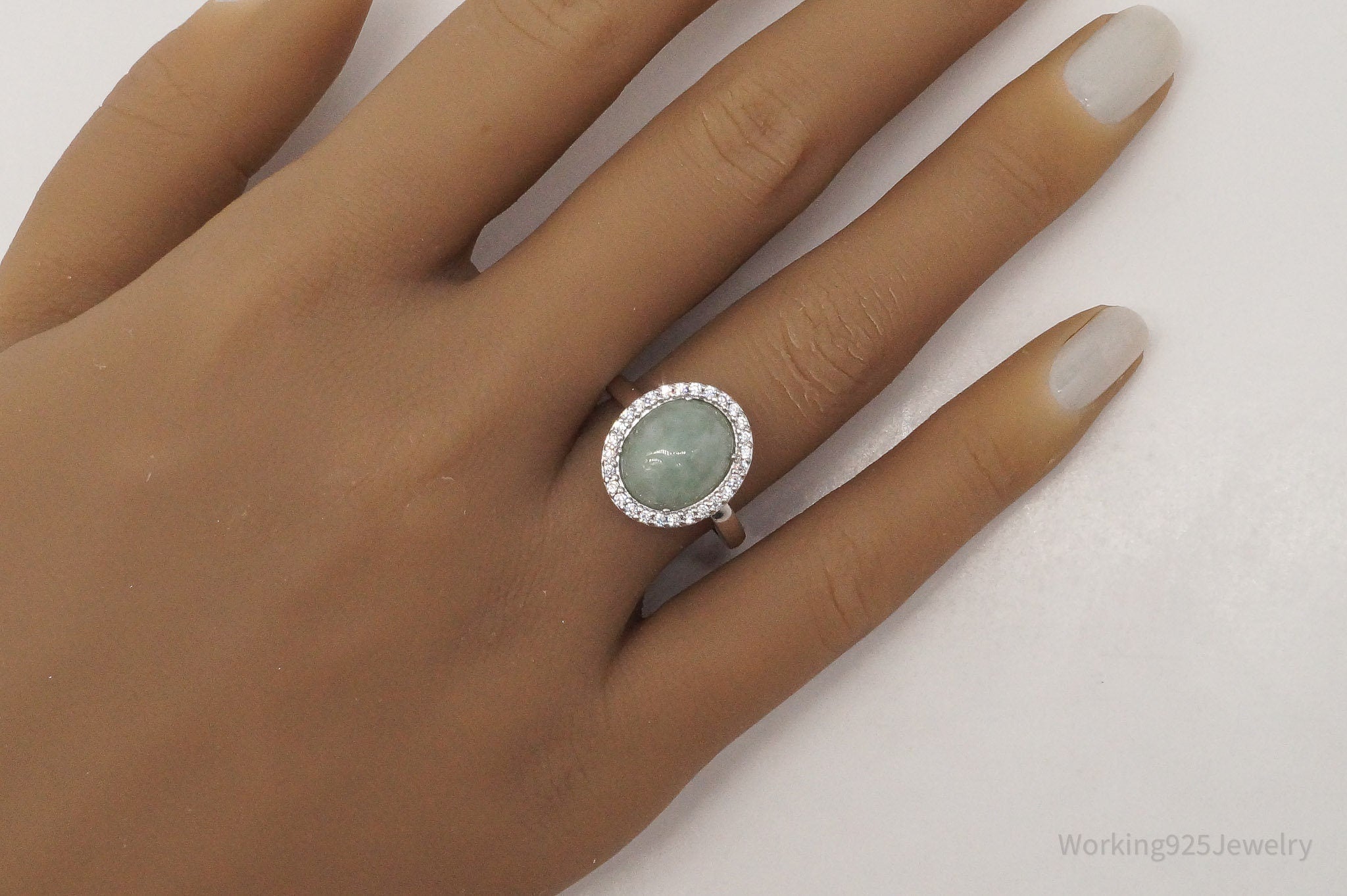 Vintage Designer PAJ Jade Cubic Zirconia Sterling Silver Ring - Size 8