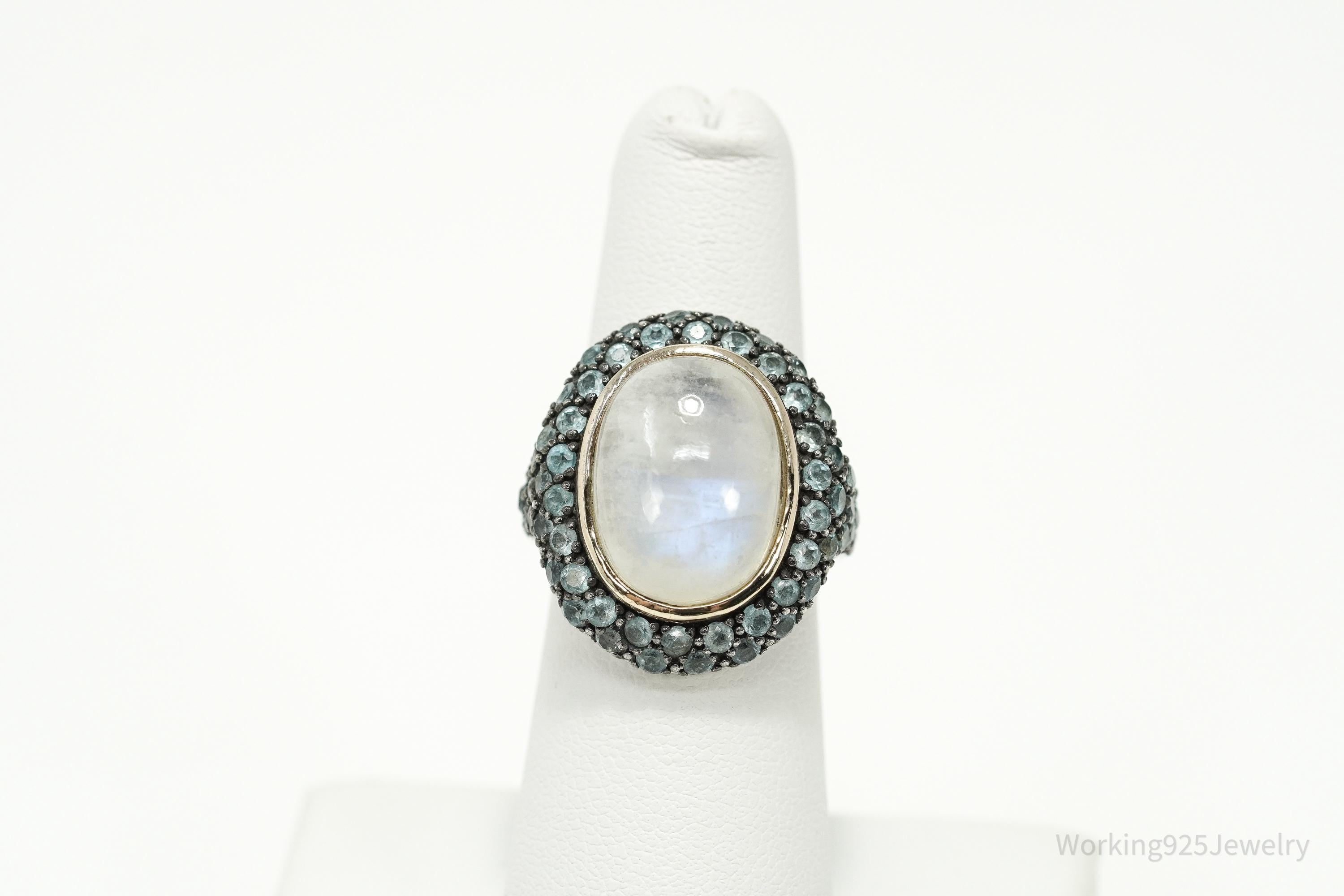 Vintage White Labradorite Moonstone & Blue Topaz 14K Sterling Silver Ring 5.75