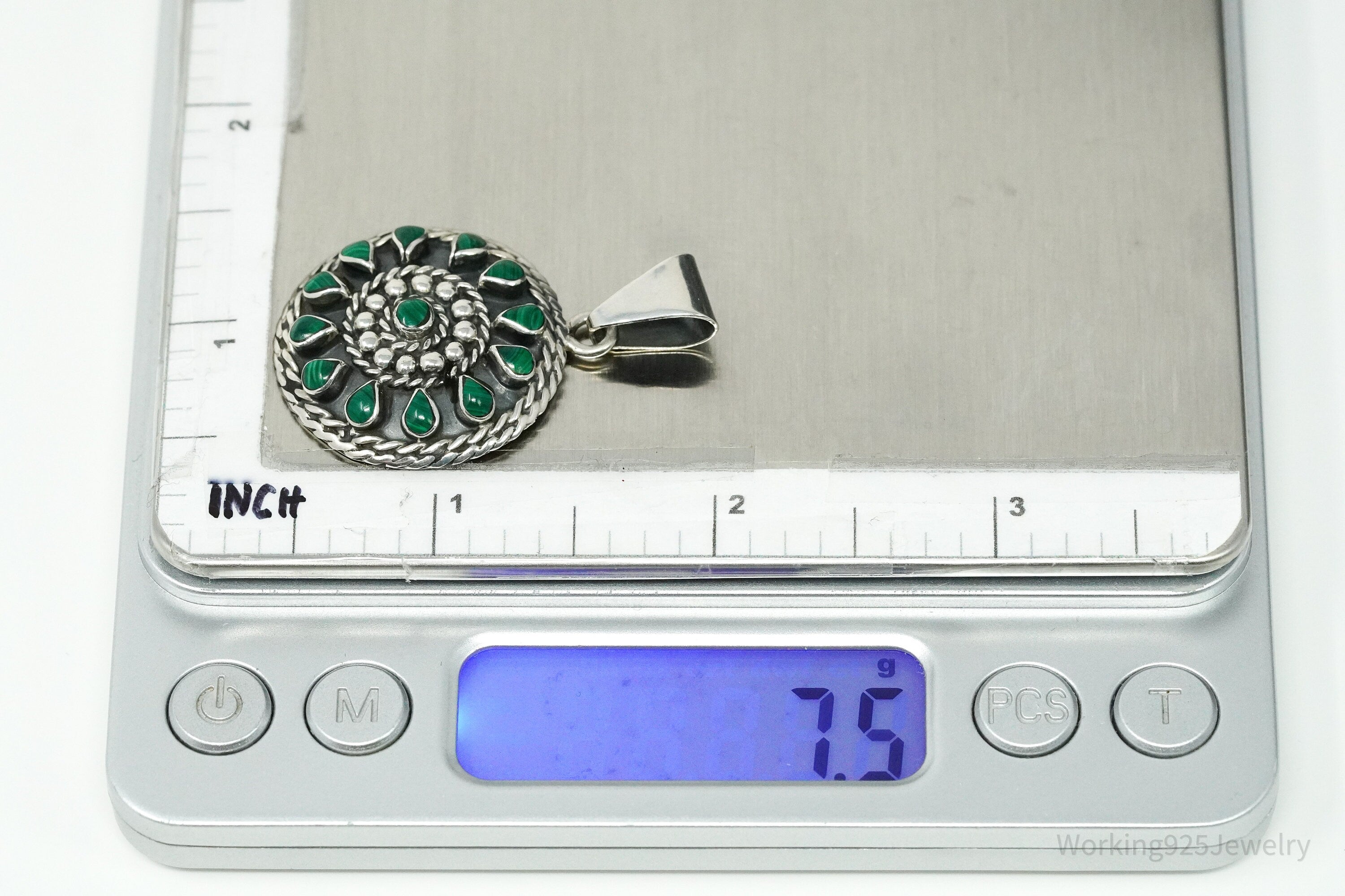 Vintage Large Mexico Malachite Sterling Silver Pendant 1 5/8"