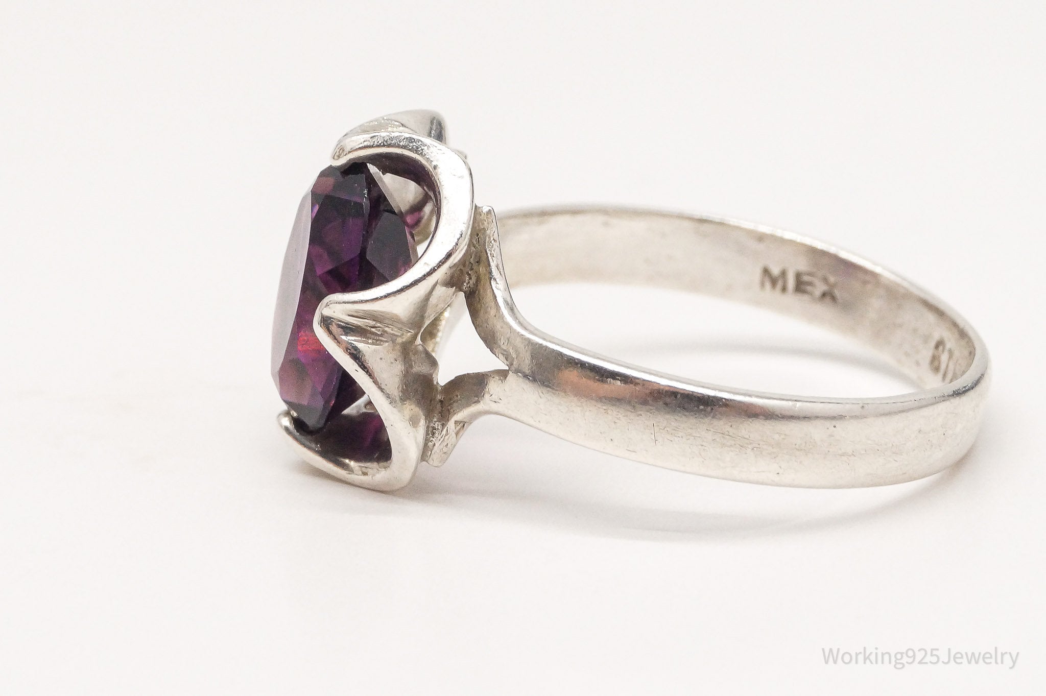 Vintage Mexico Sleek Purple Glass Stone Sterling Silver Ring - Size 8.25