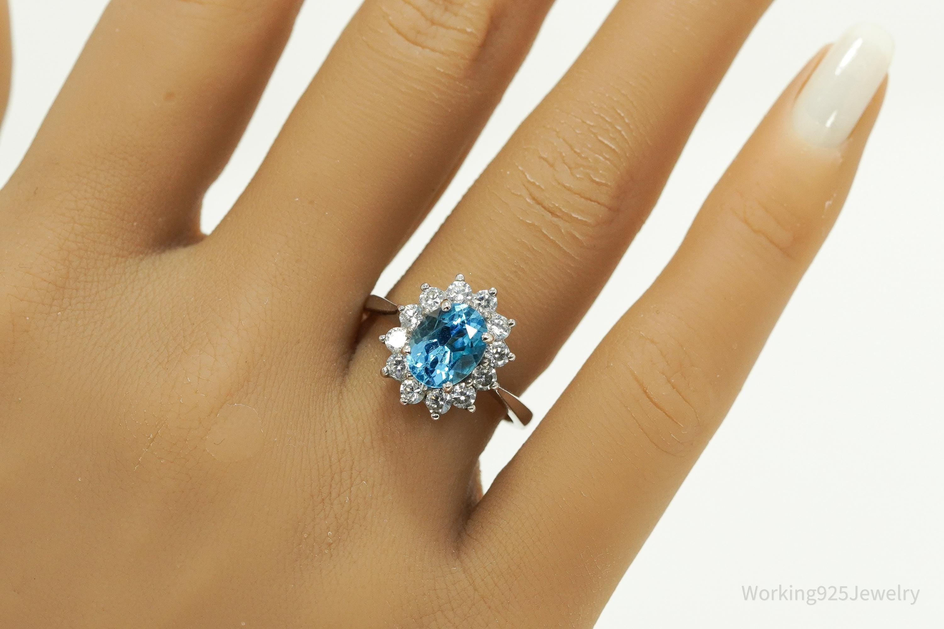 Vintage Blue Topaz & Cubic Zirconia Sterling Silver Ring - Size 7.75