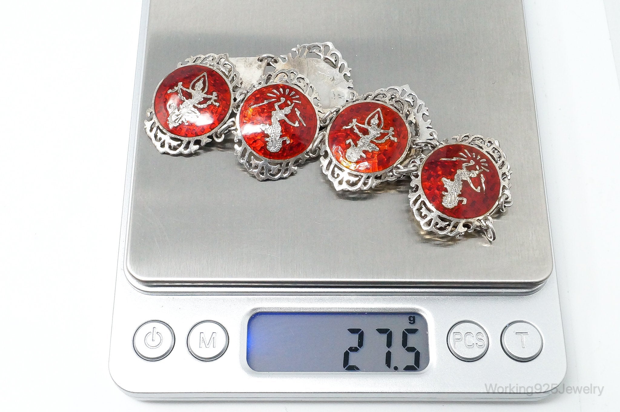 Vintage SIAM Red Enamel Lightening Dancer Sterling Silver Bracelet