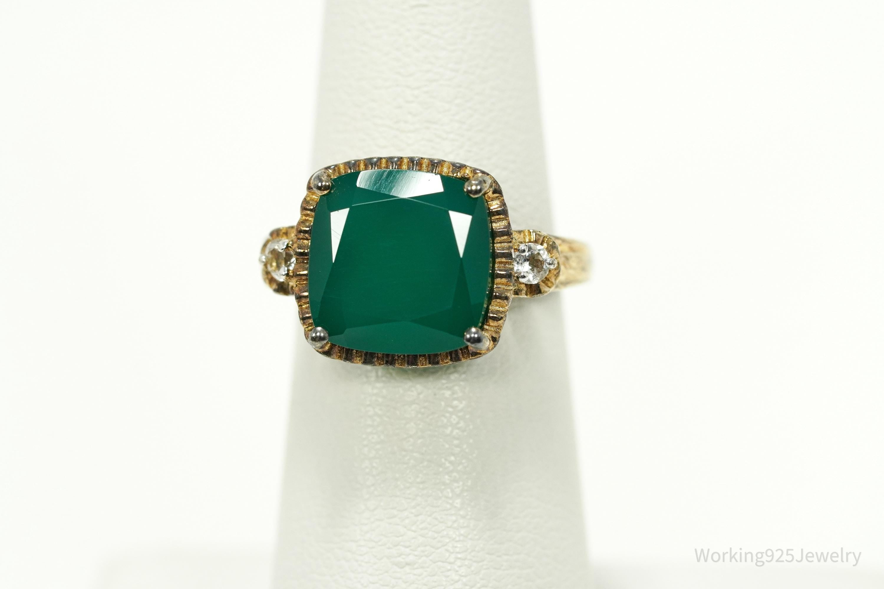 Vintage Green Onyx & Cubic Zirconia Gold Vermeil Sterling Silver Ring - Size 5.25