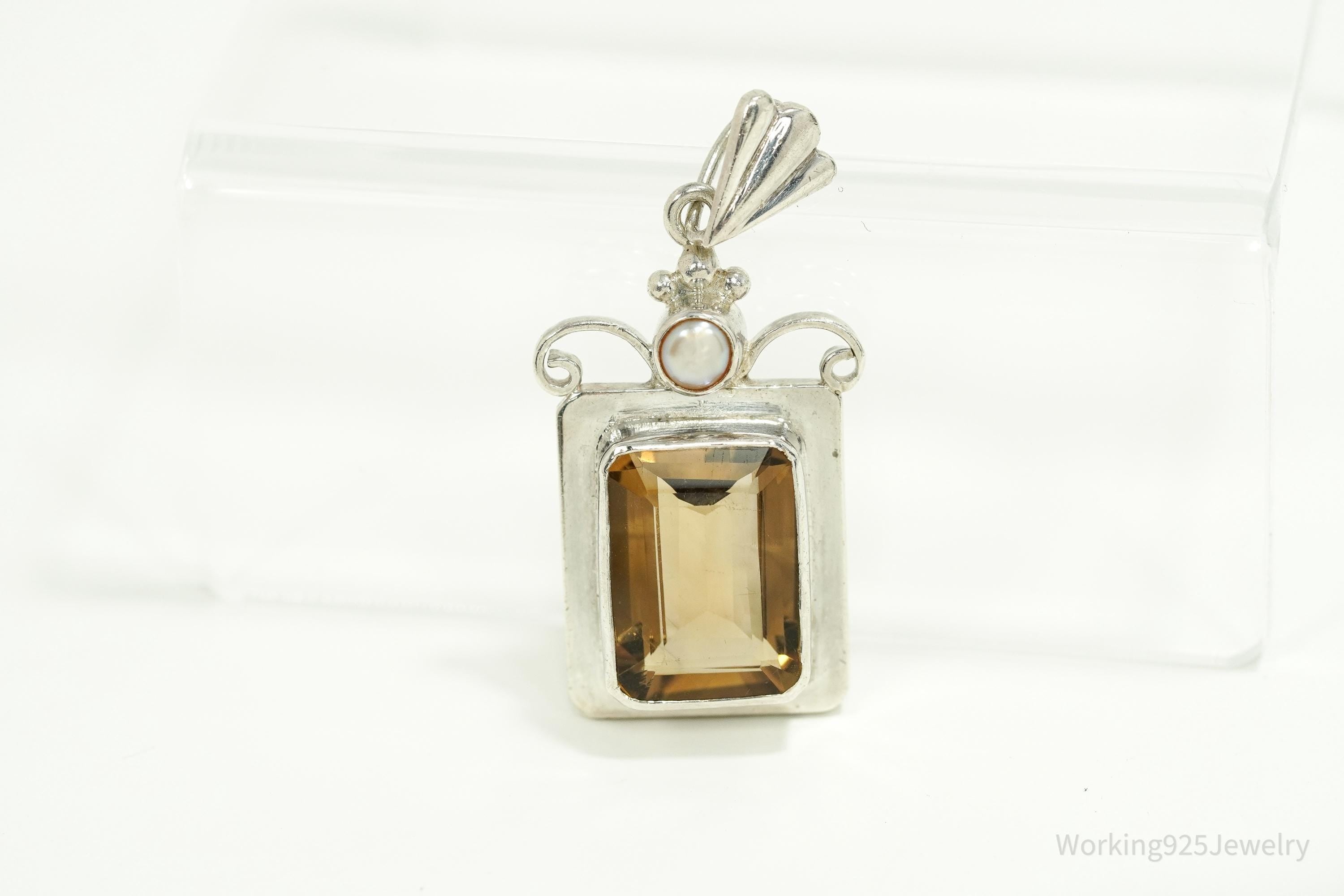 Vintage Large Smoky Topaz & Pearl Sterling Silver Pendant