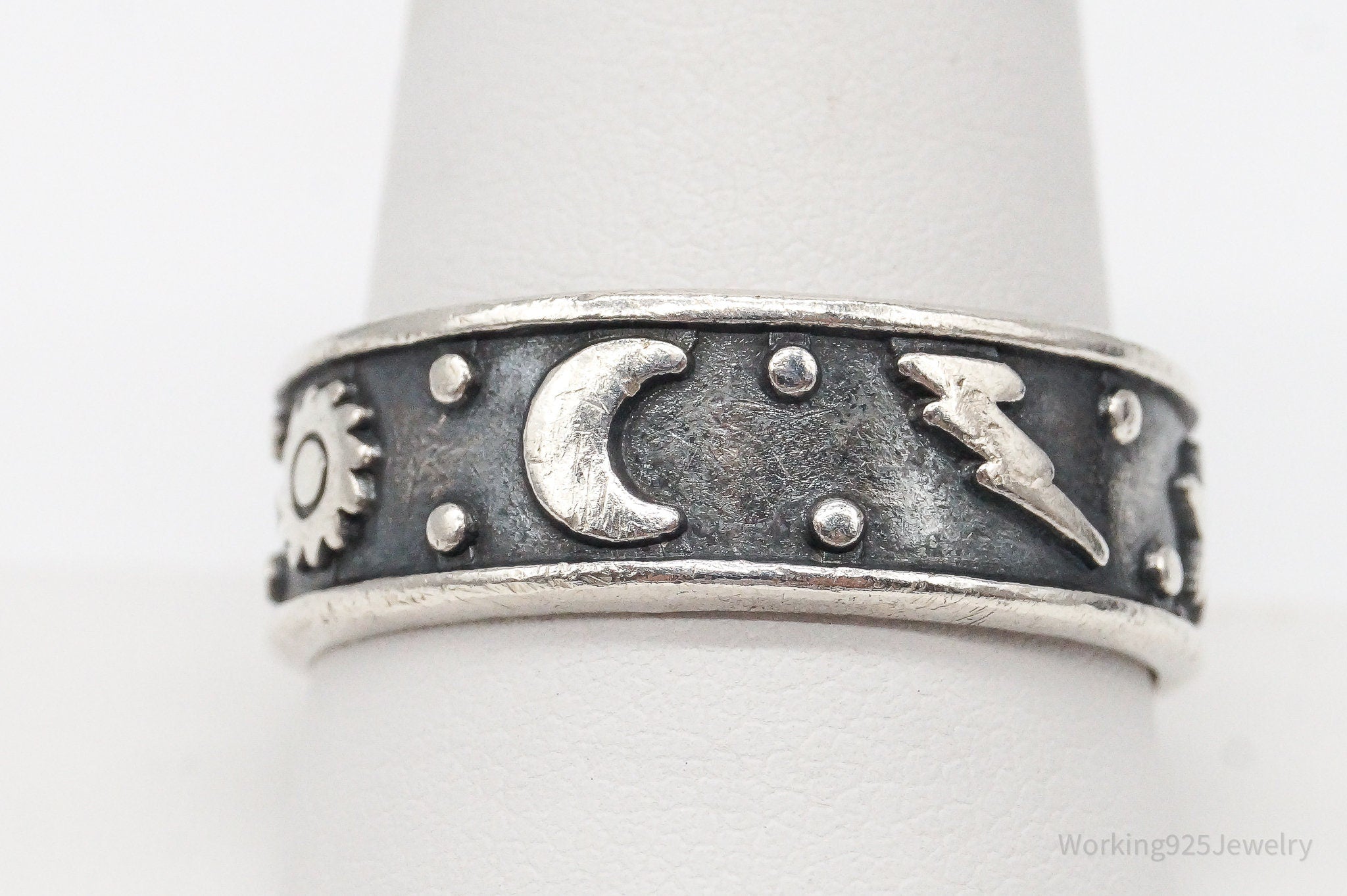 Vintage Star Moon Stars Oxidized Sterling Silver Band Ring - Size 11.25