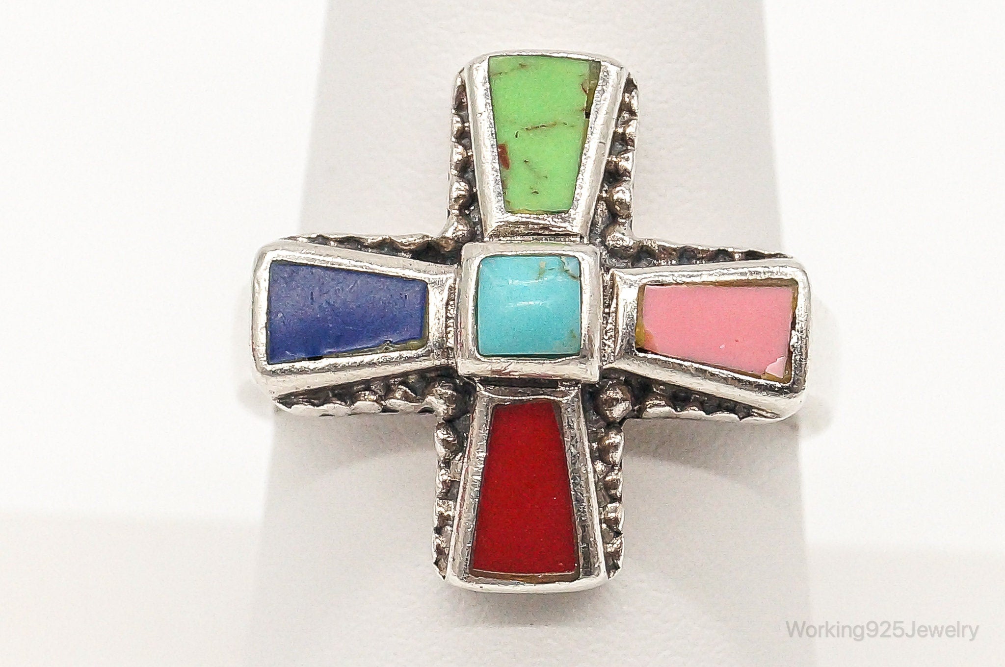 Vintage Turquoise Coral Lapis Lazuli Sterling Silver Ring - Size 8