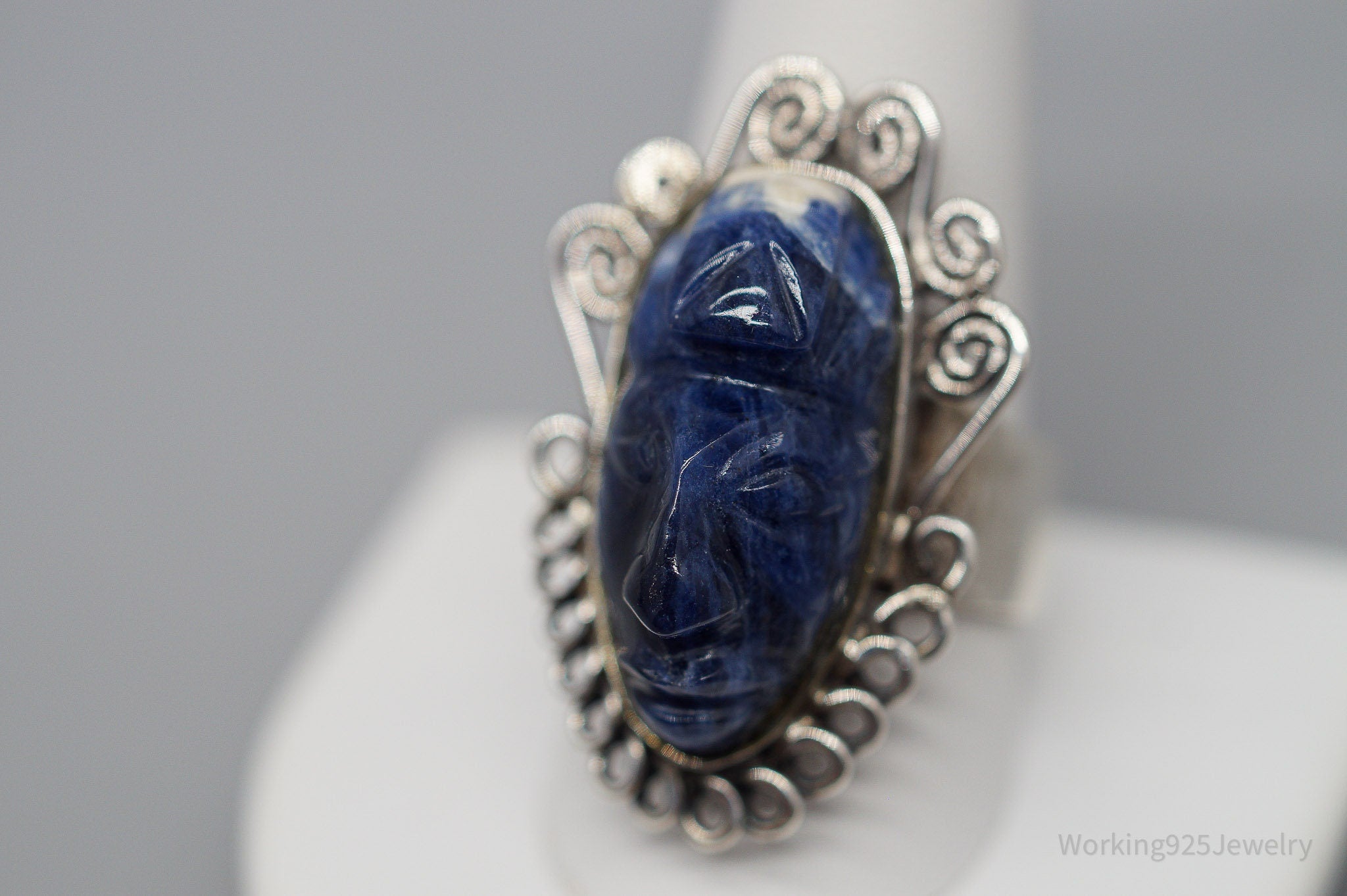 Vintage Carved Sodalite Aztec Mayan Mask Sterling Silver Ring Size 10.5