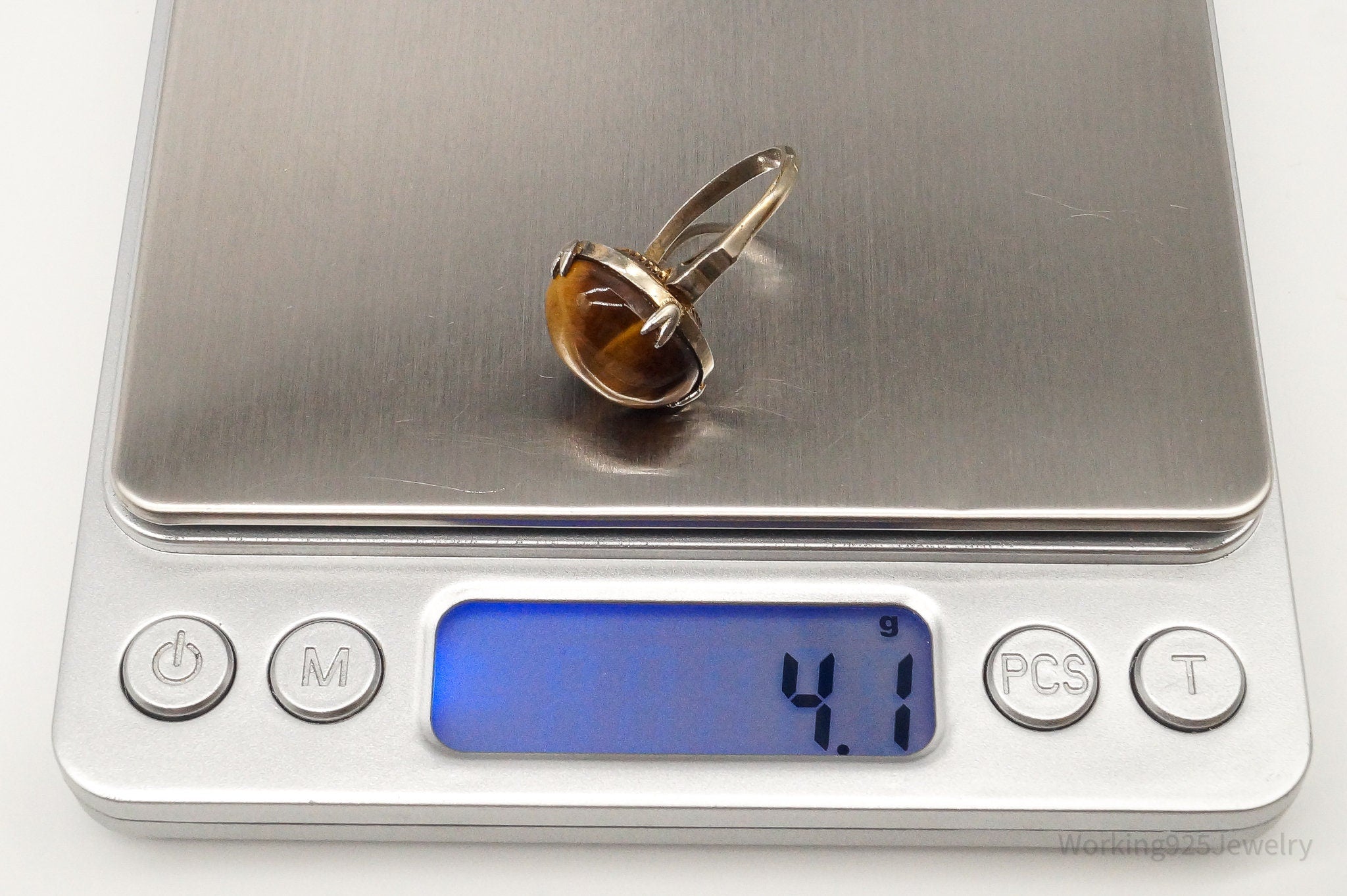 Antique Tigers Eye Gold Wash Silver Ring - Size 5.5