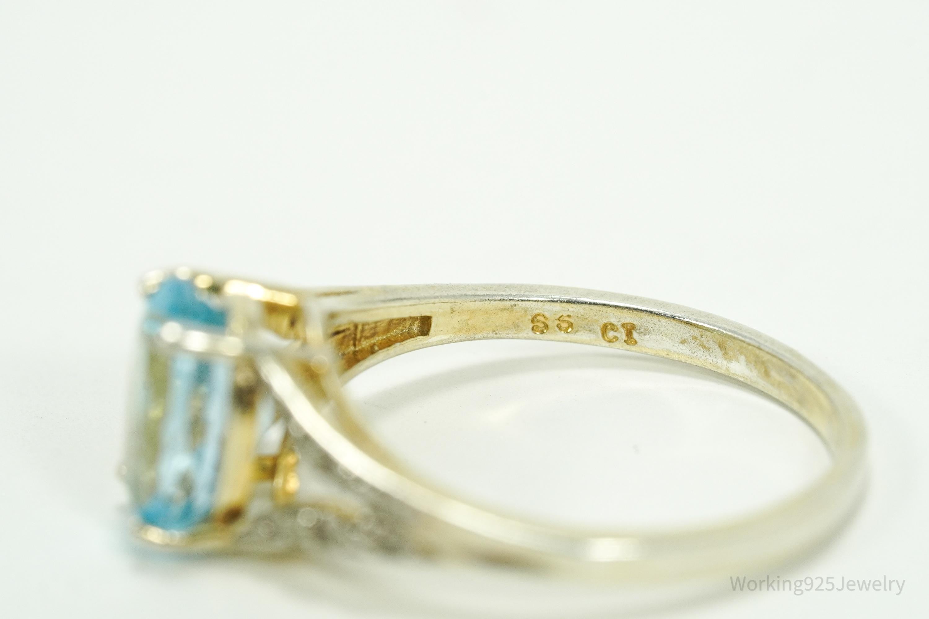 Vintage Blue Topaz & Diamond Gold Wash Sterling Silver Ring - Size 8