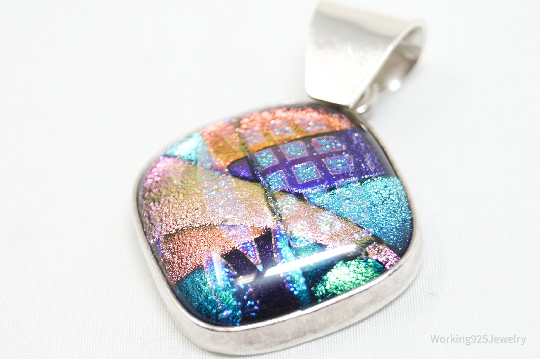 Vintage Large Dichroic Glass Sterling Silver Necklace Pendant