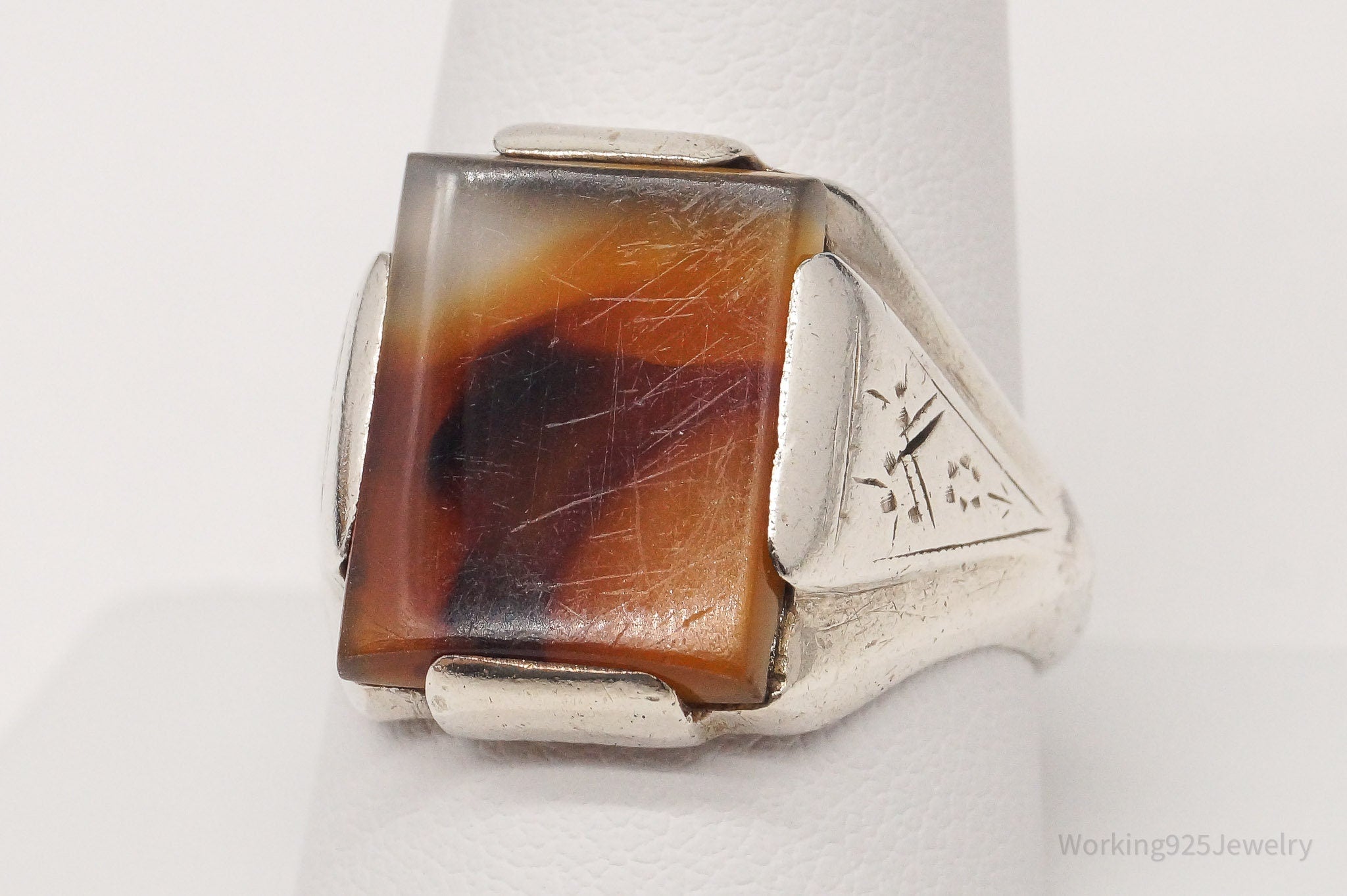 Antique Agate Sterling Silver Ring - Size 9.75