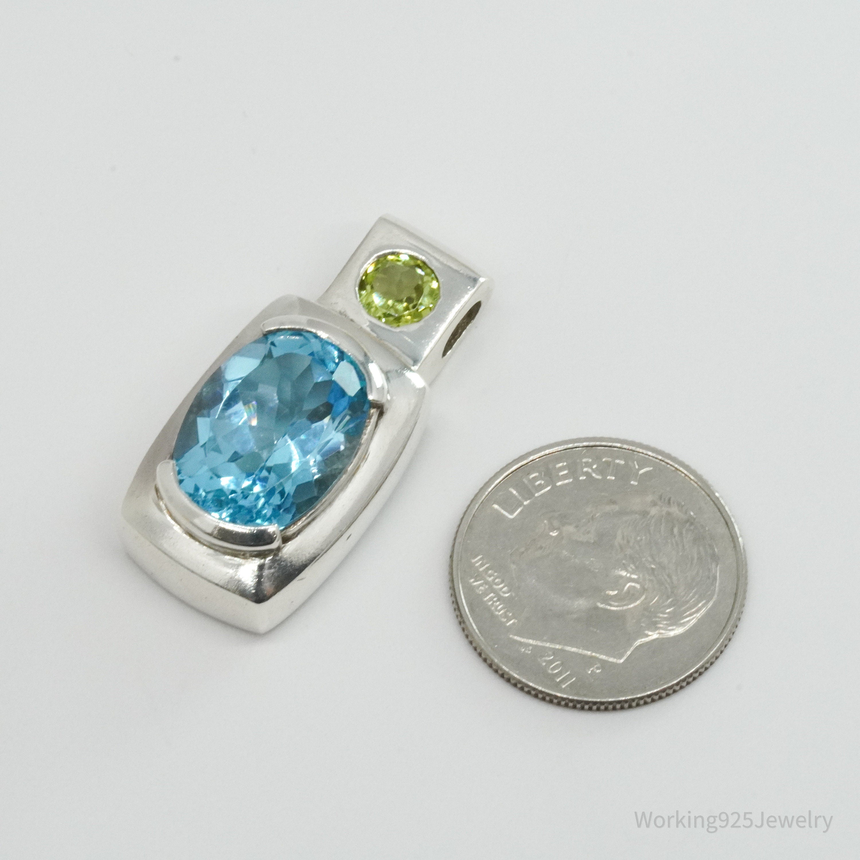 Vintage Blue Topaz & Peridot Sterling Silver Necklace Pendant