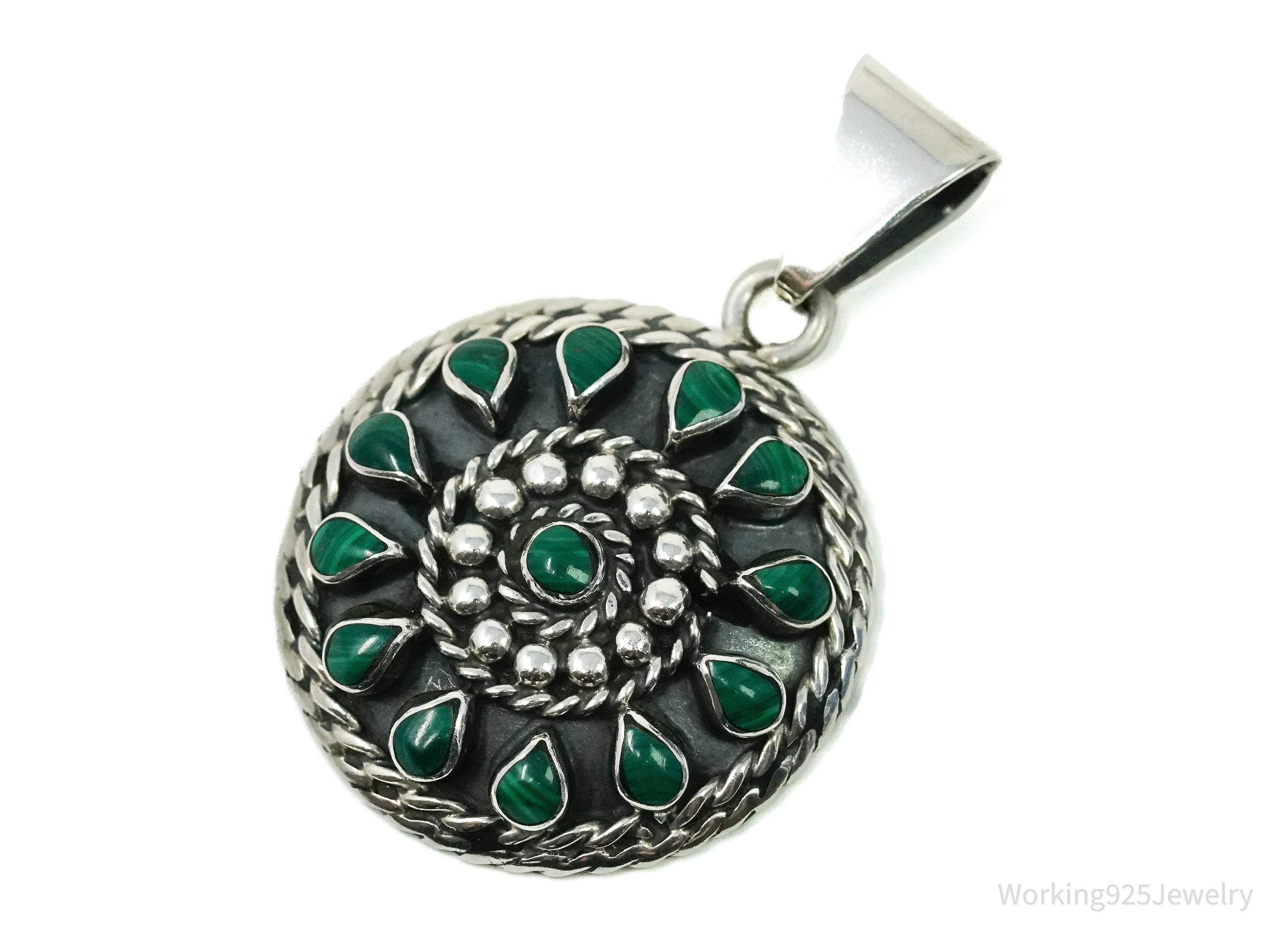 Vintage Large Mexico Malachite Sterling Silver Pendant 1 5/8"