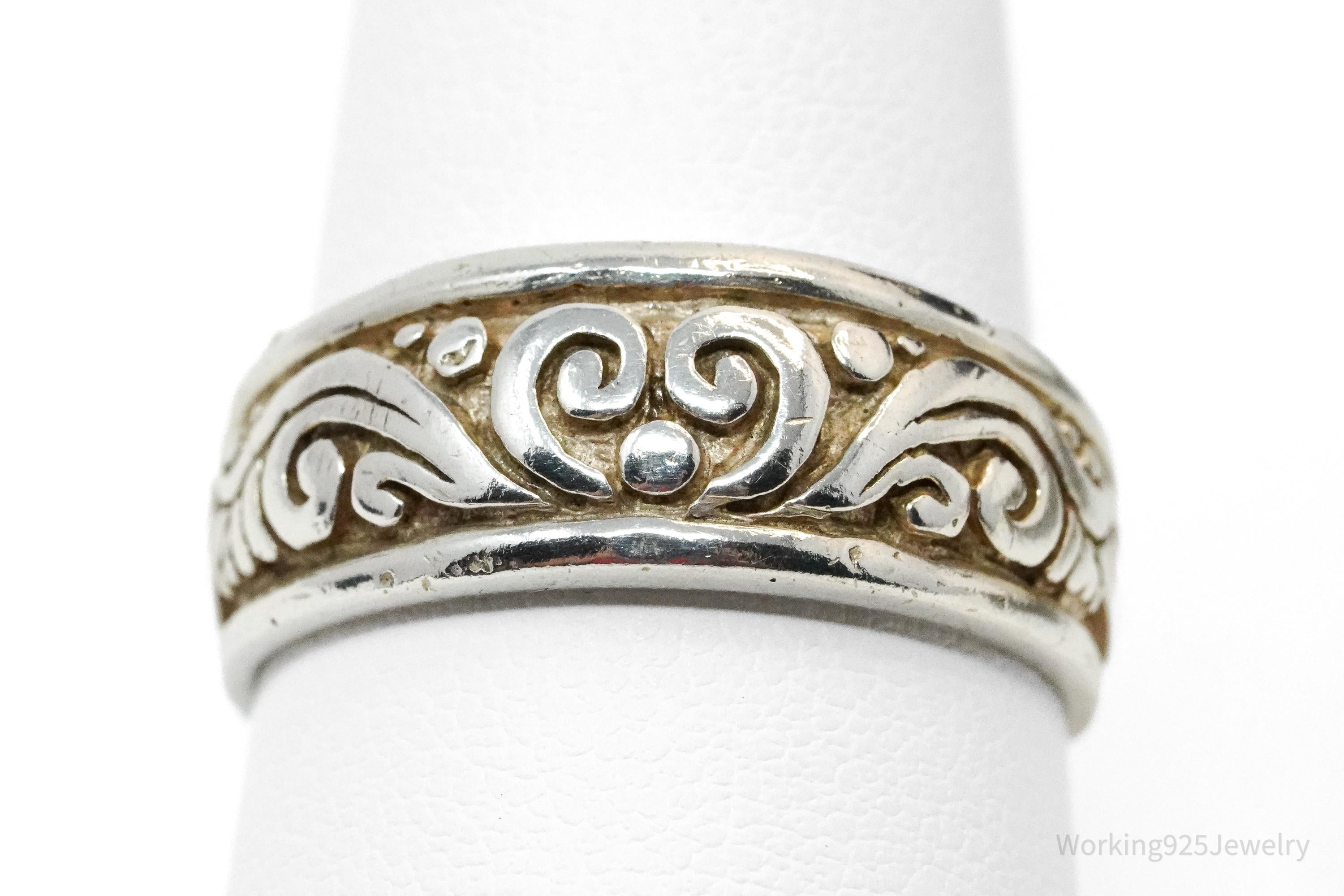 Vintage Scroll Design Sterling Silver Band Ring - Size 9
