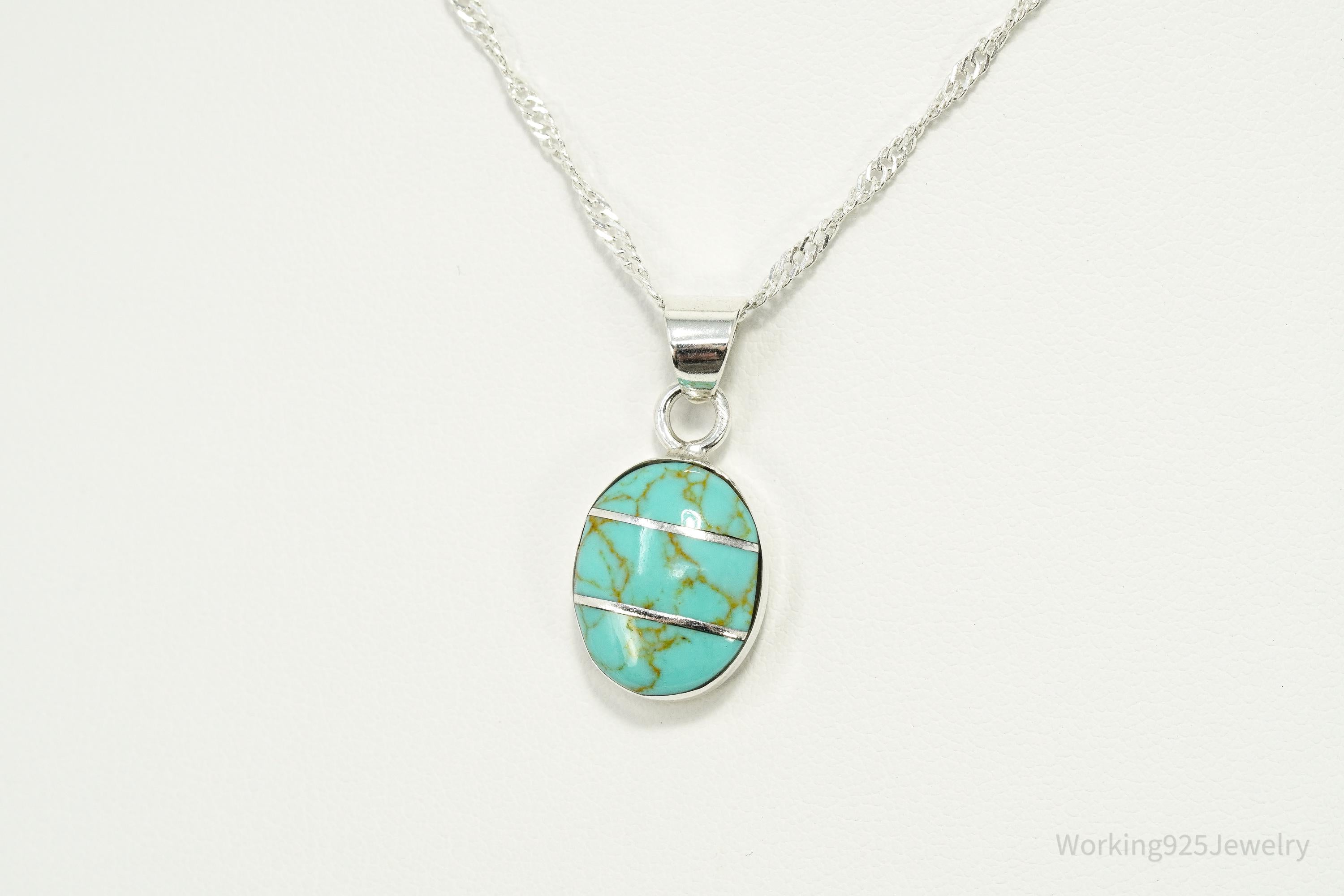 Vintage Blue Turquoise Inlay Sterling Silver Necklace 18"