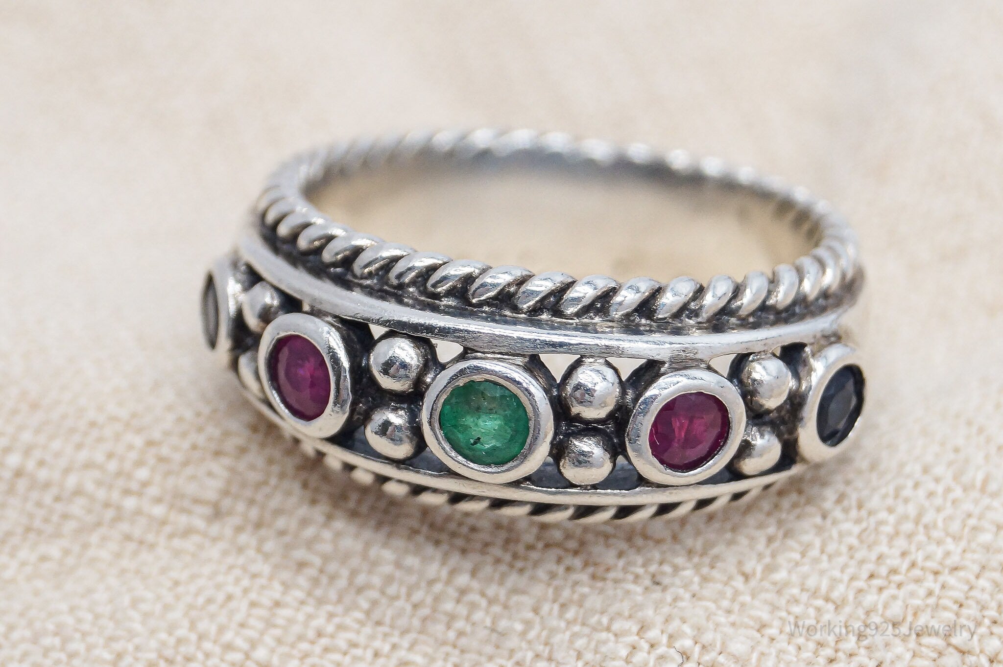 Vintage Ruby Emerald Sapphire Sterling Silver Ring - Size 7.75