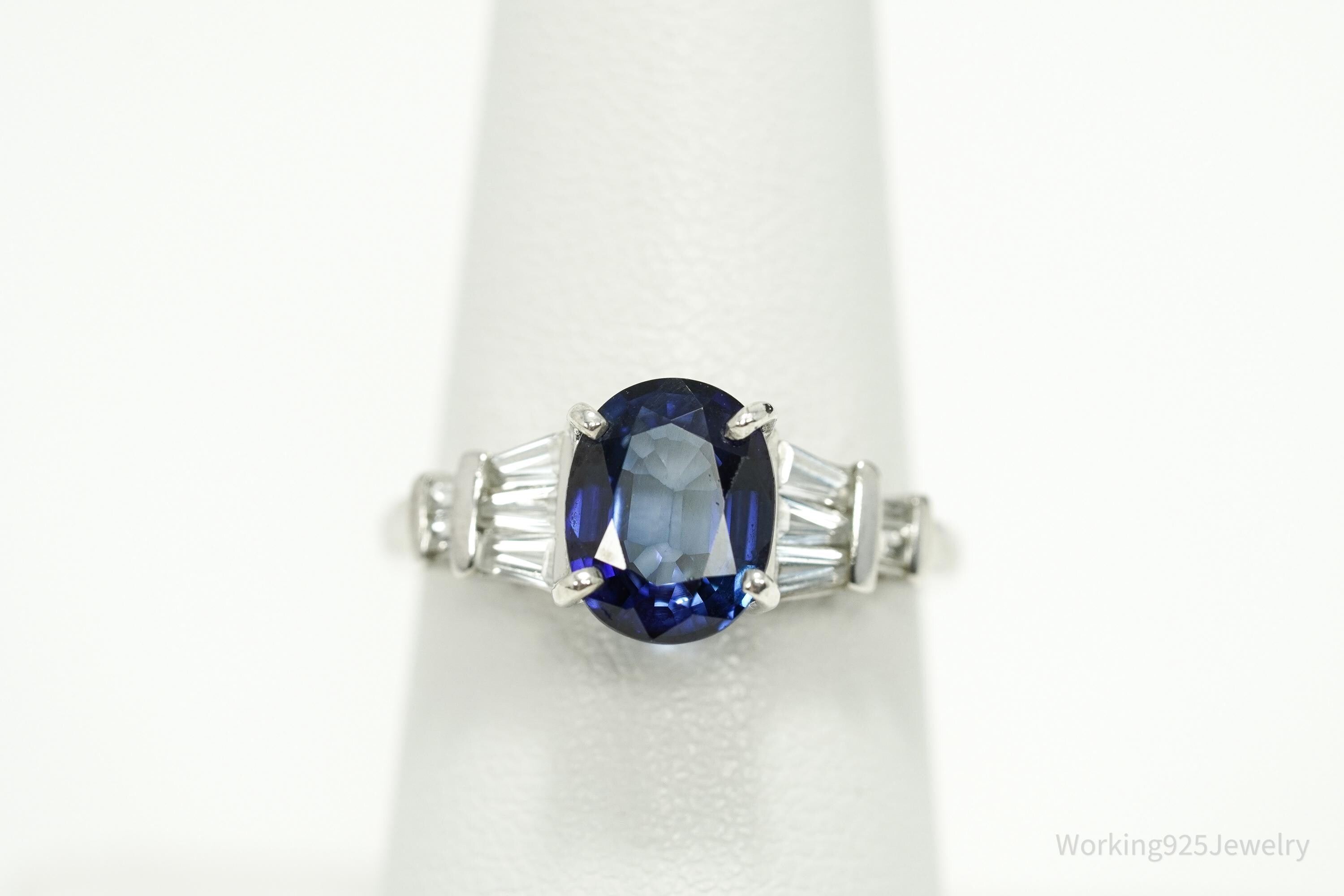 Vintage Lab Sapphire & Cubic Zirconia Sterling Silver Ring - Size 7