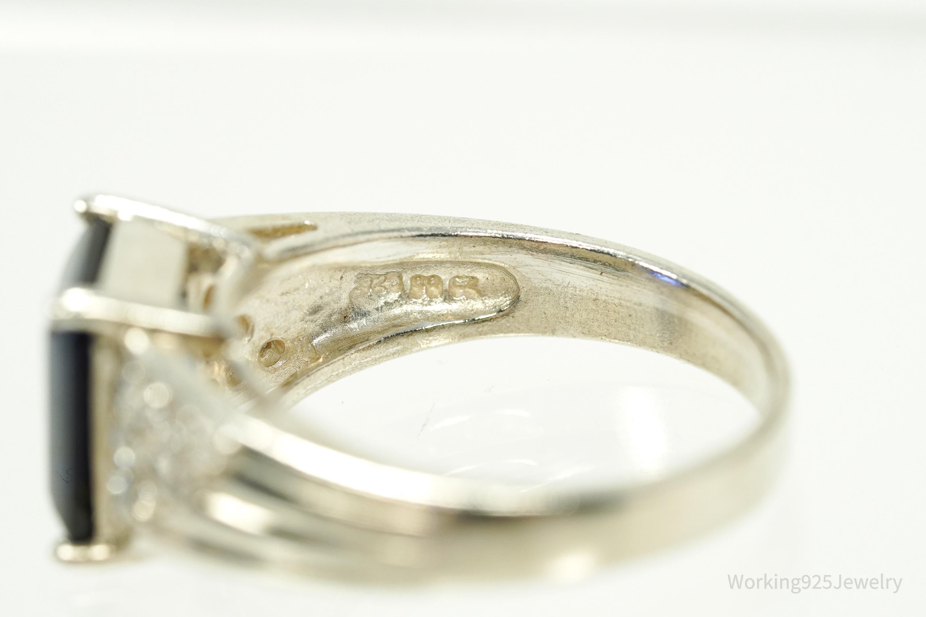 Vintage Lab Sapphire & Cubic Zirconia Sterling Silver Ring - Size 8.75