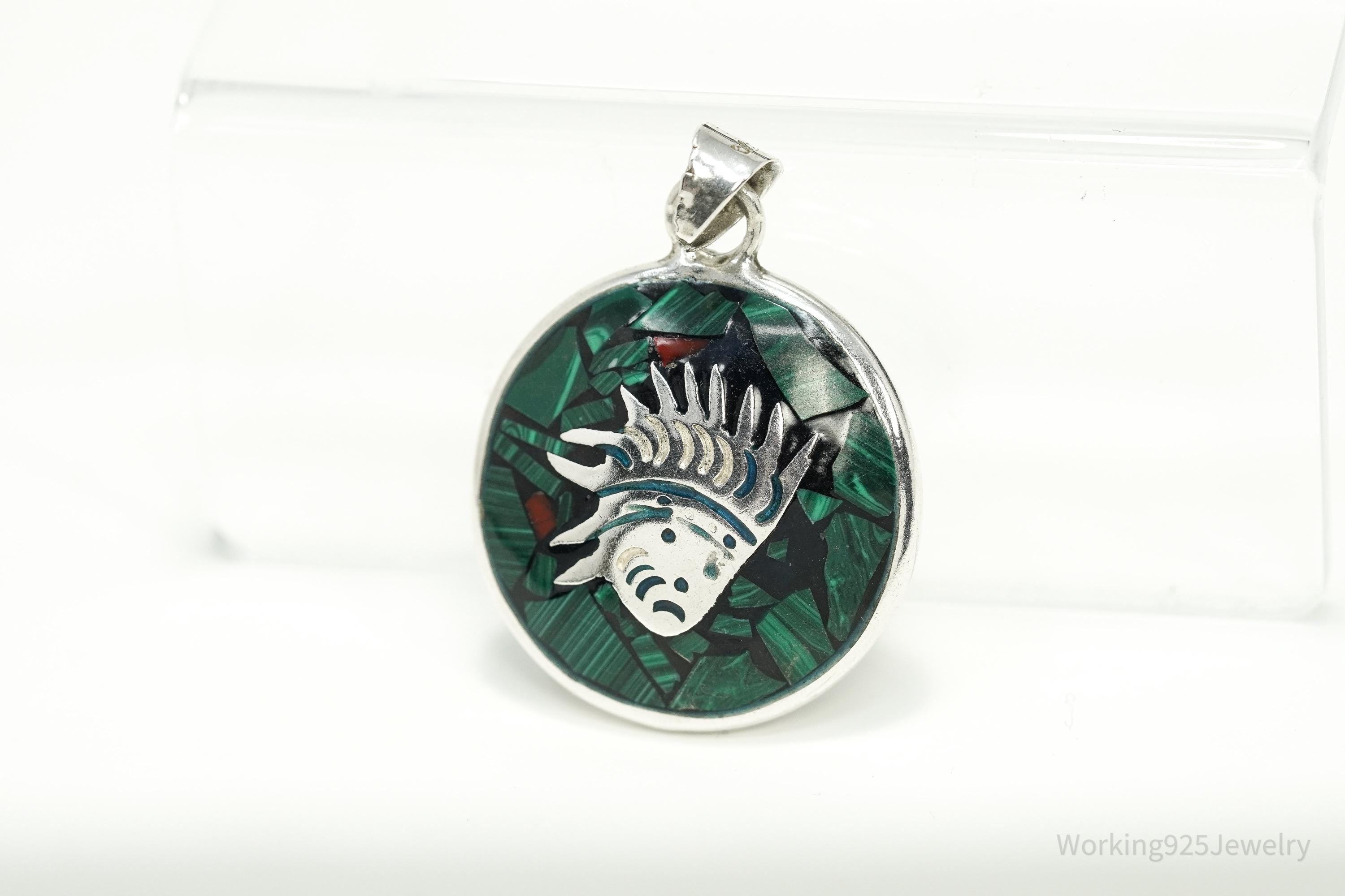 Vintage Double Sided Aztec Mayan Multi Gem Inlay Sterling Silver Pendant 1 11/16"