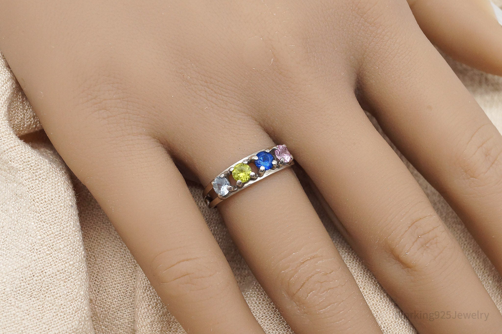 Vintage Mid Century Multi Gemstone 10K White Gold Ring - Size 6.75