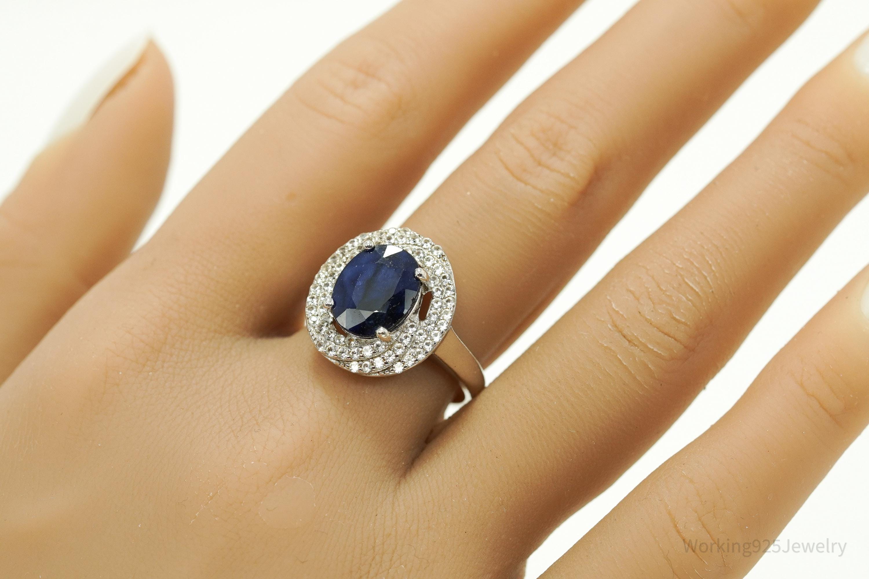 Vintage Blue & White Sapphire Sterling Silver Ring - Size 9