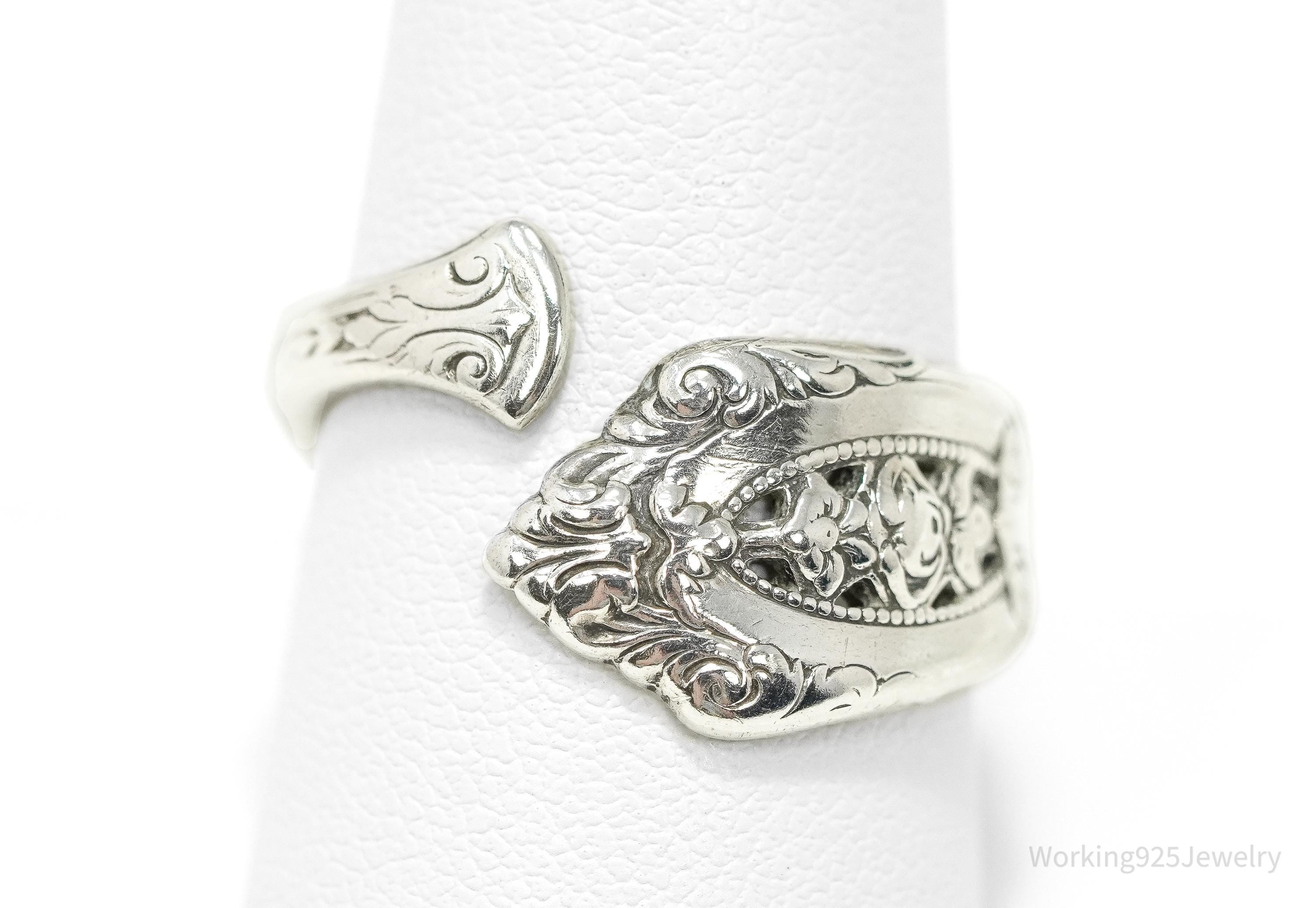 Antique WALLACE Floral Sterling Silver Spoon Ring - Size 9.5