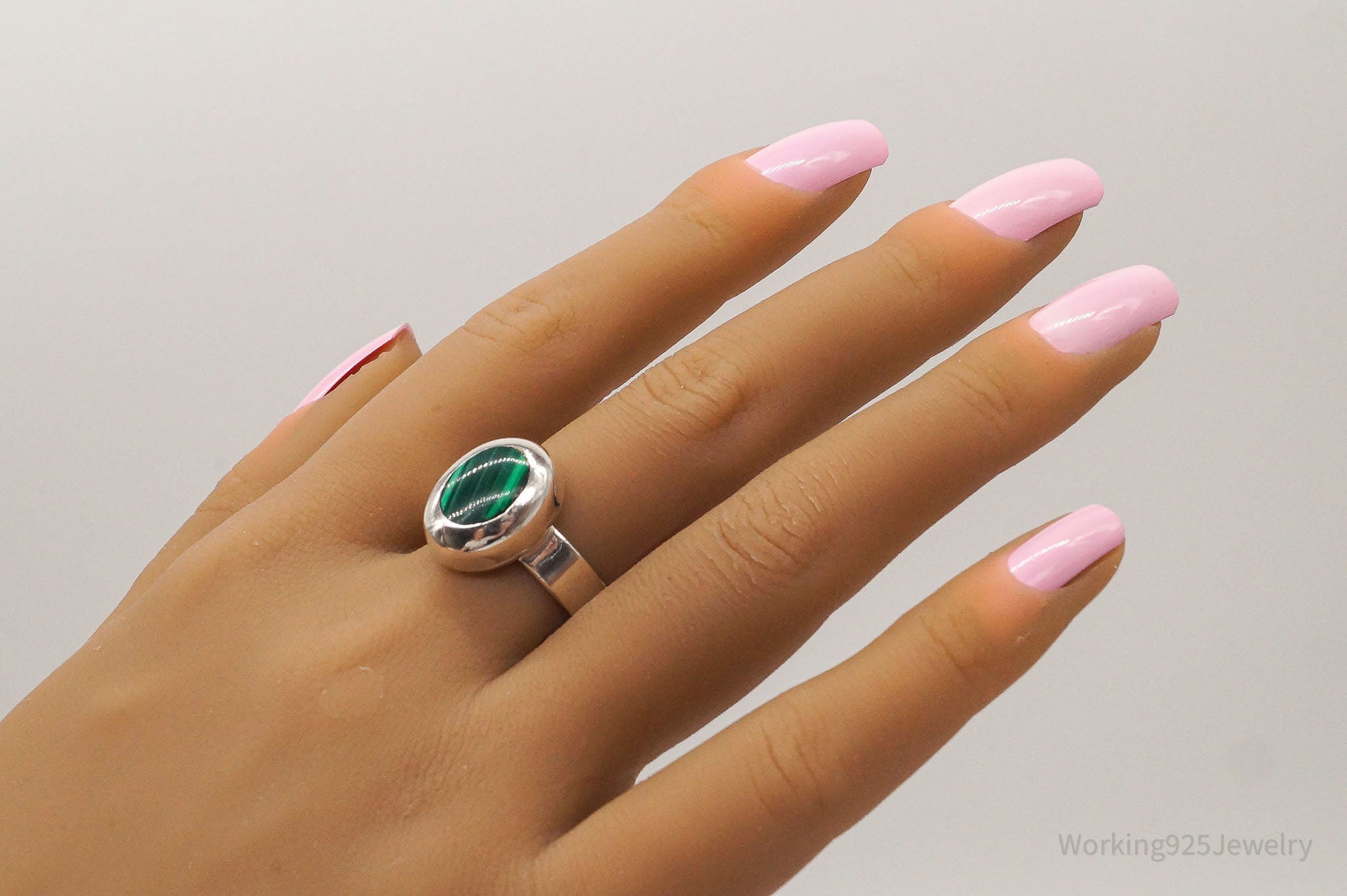 Vintage Mexico Malachite Sterling Silver Ring - Size 11.25