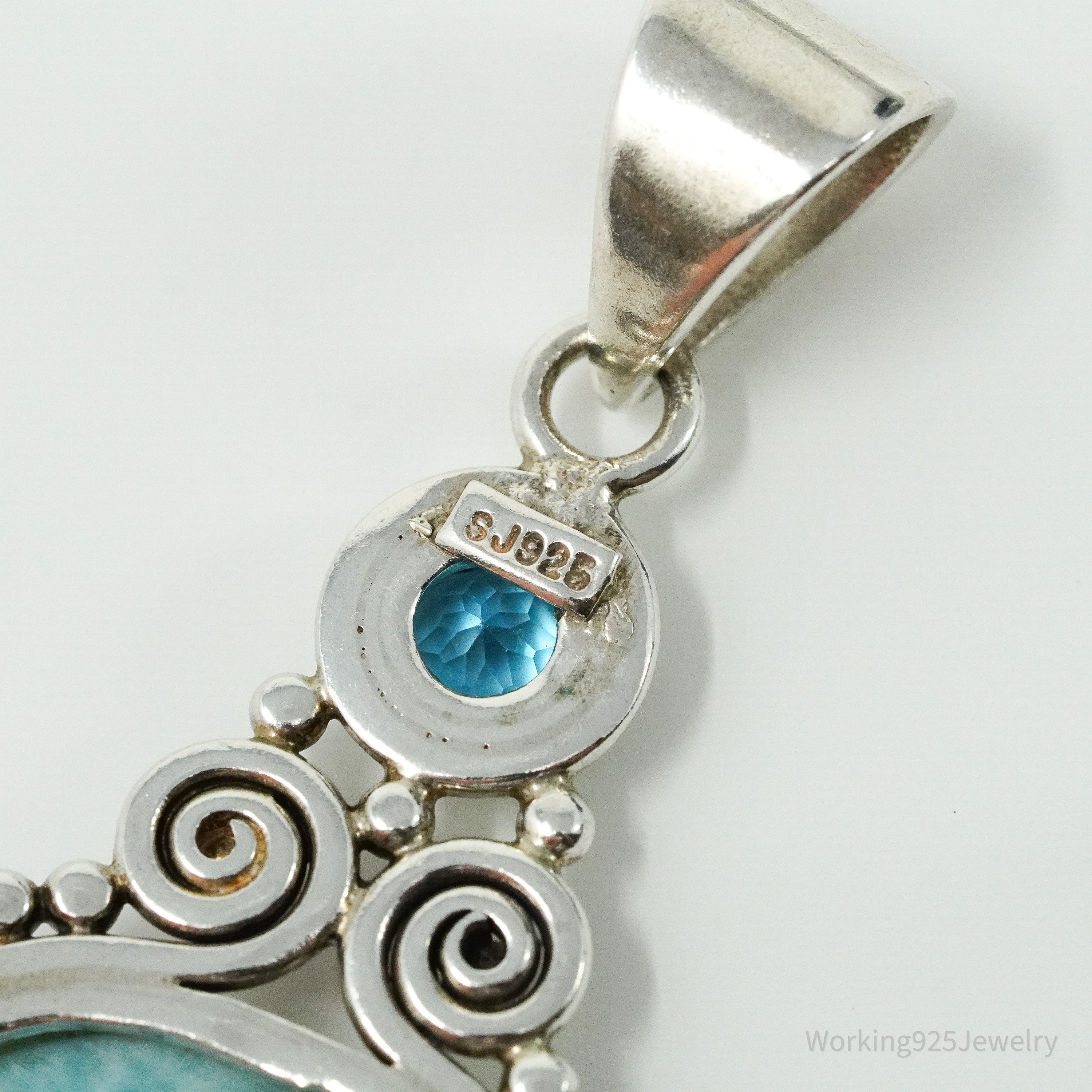 Vintage Designer SJ Blue Larimar & Blue Topaz Sterling Silver Pendant