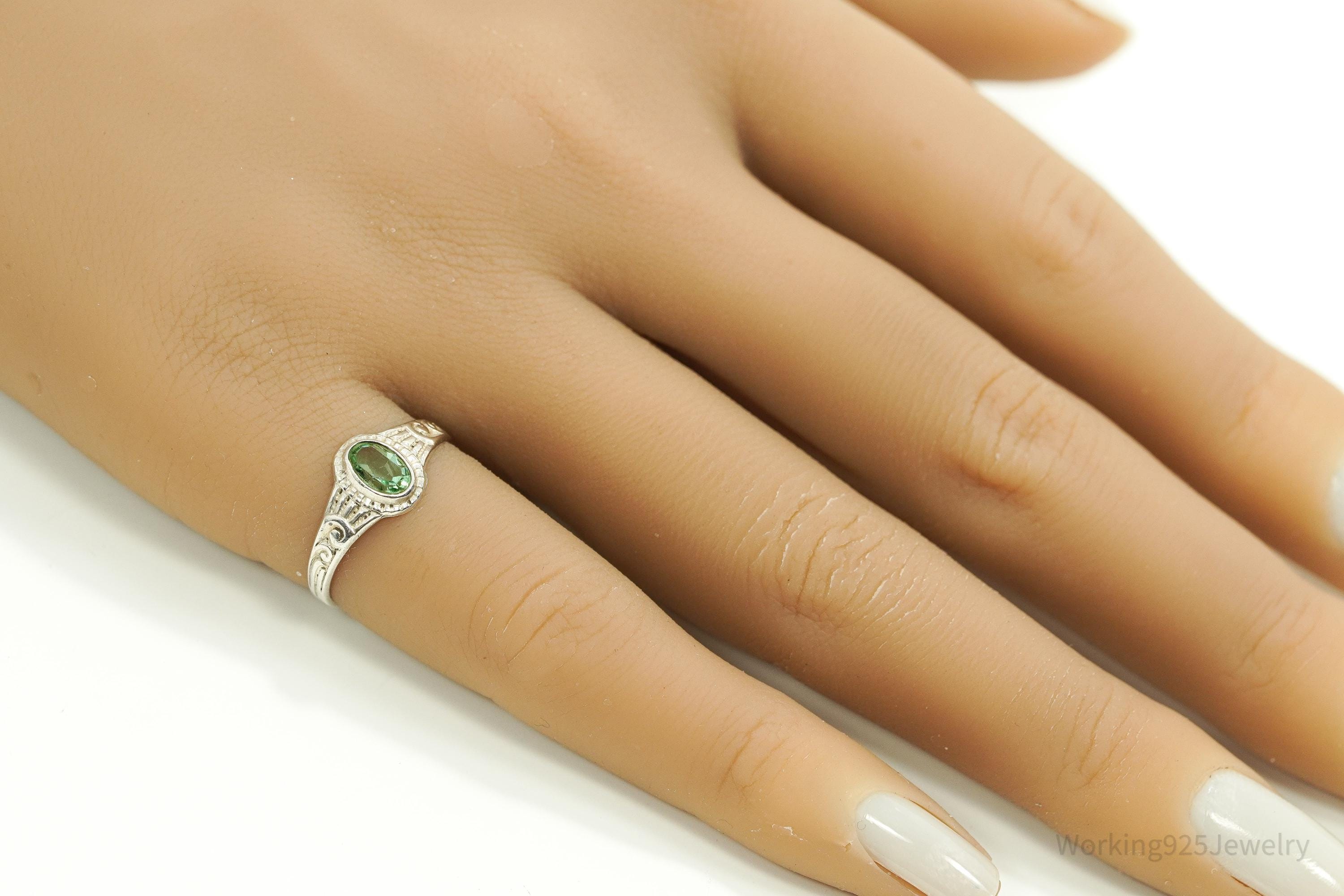 Antique Designer Uncas Green Glass Stone Sterling Silver Ring - Size 6