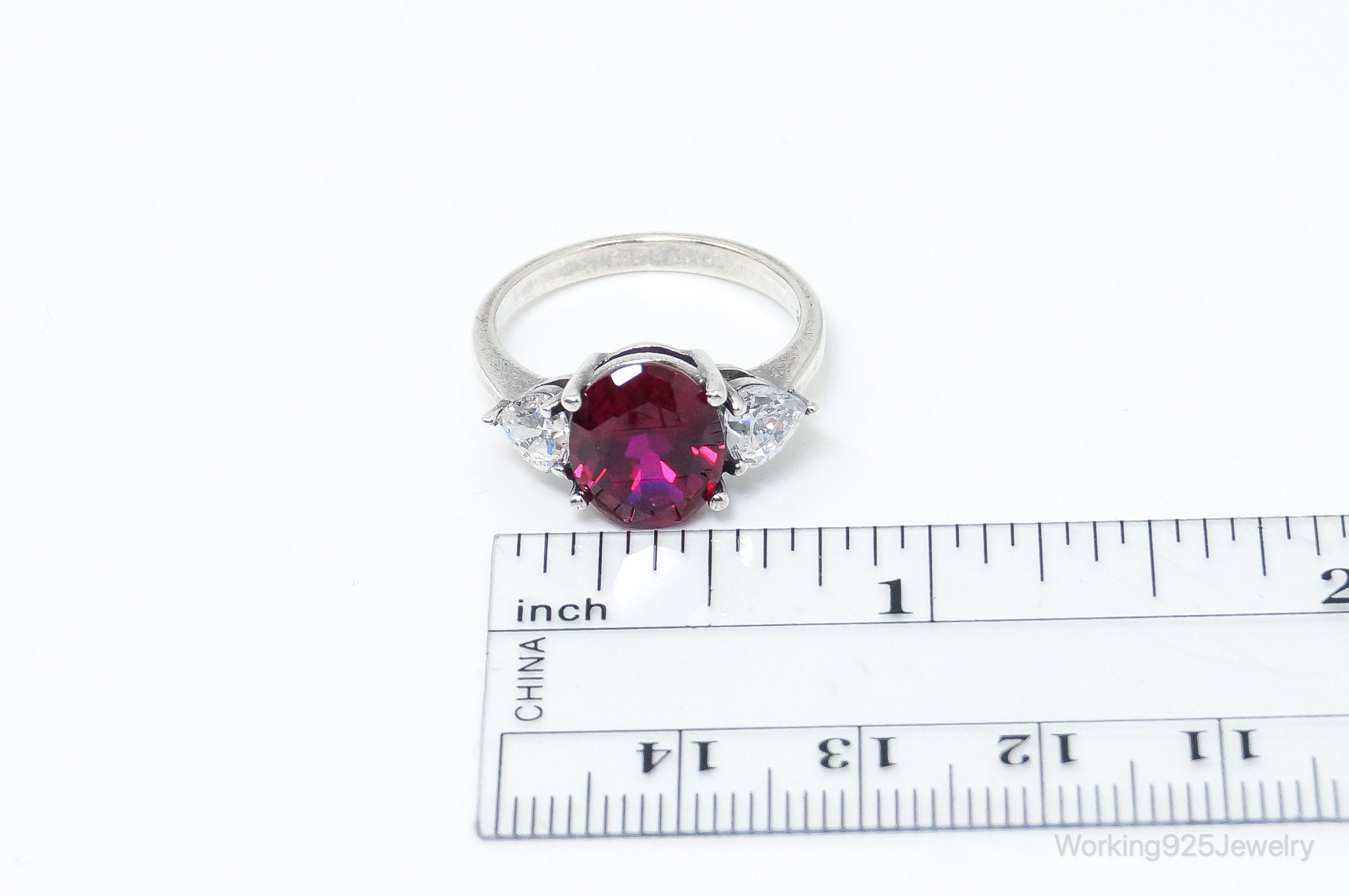 Vintage Large Lab Ruby DQCZ Sterling Silver Ring - Size 8