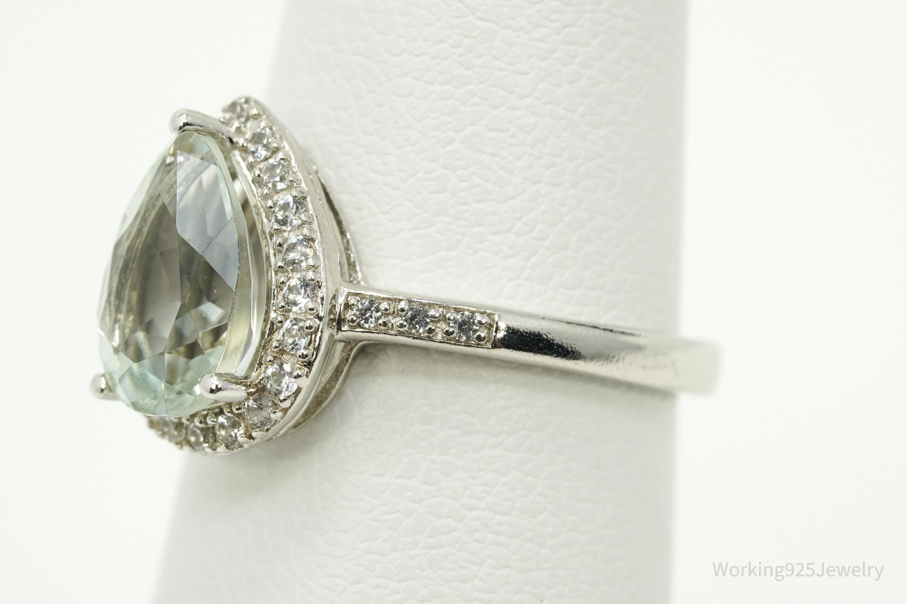Vintage Green Prasiolite & White Topaz Sterling Silver Ring - Size 6
