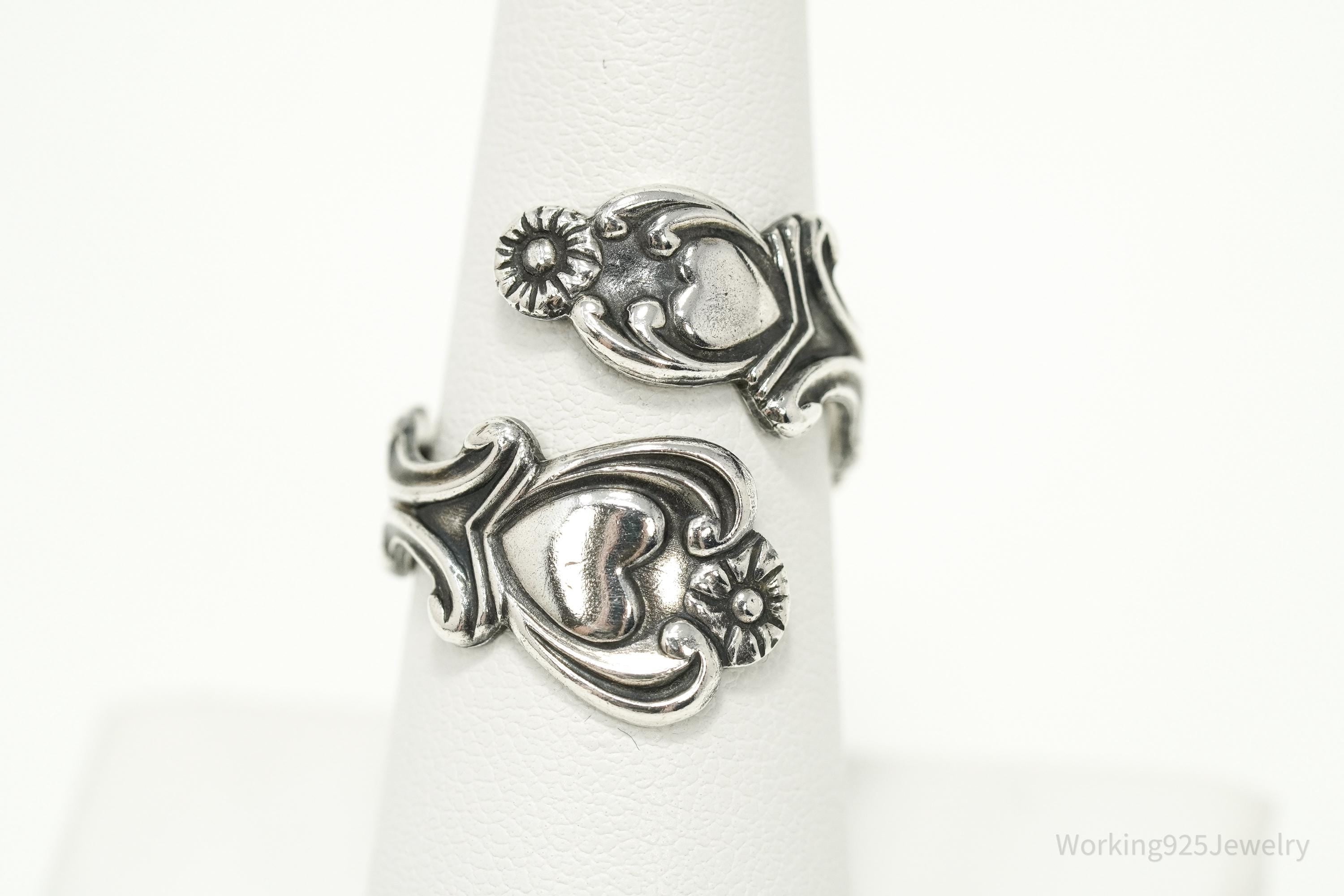 Vintage Avon Hearts & Flowers Sterling Silver Adjustable Wrap Spoon Ring - Size 7.5