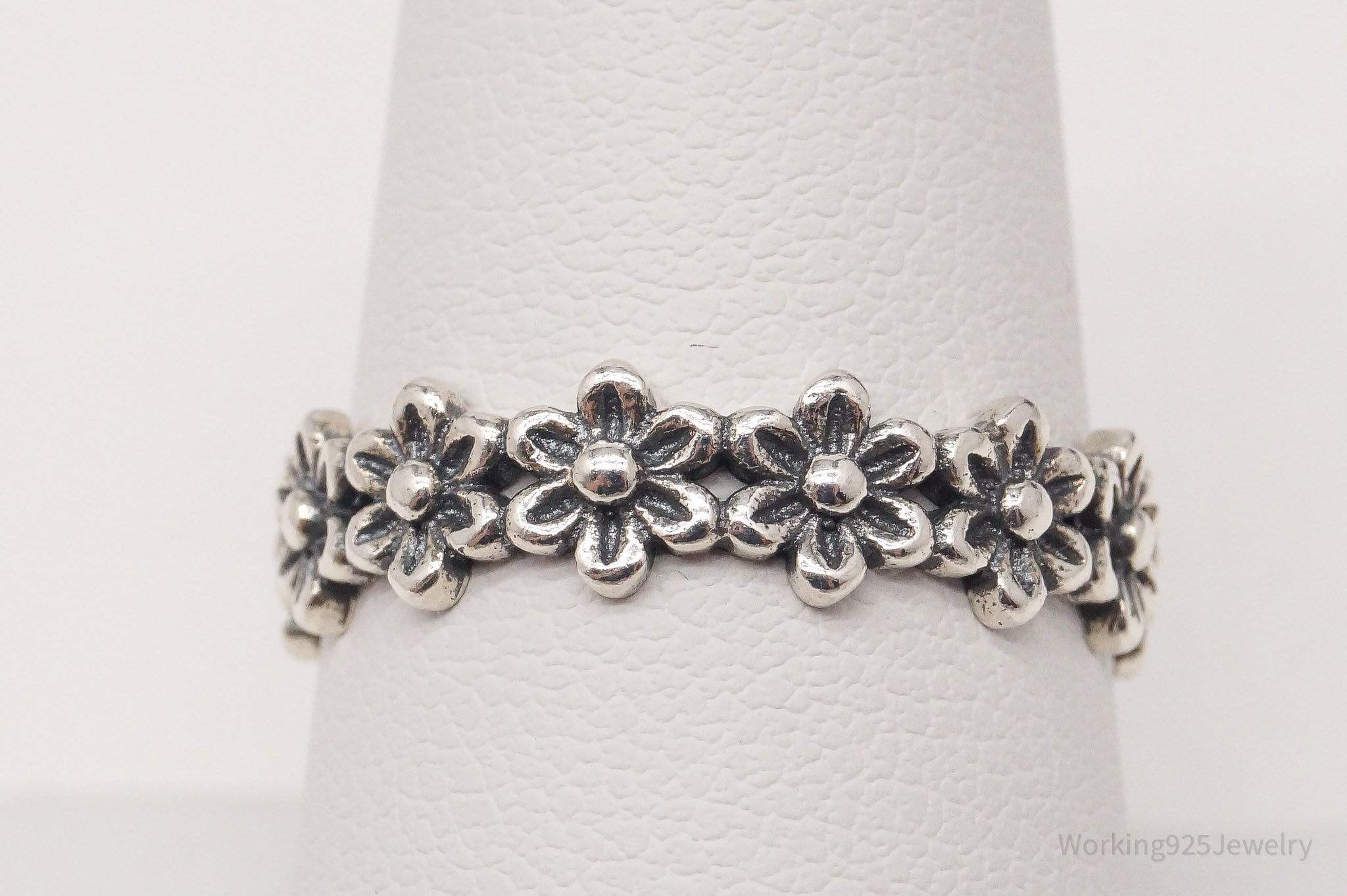 Vintage Flowers Sterling Silver Band Ring - Size 8.5