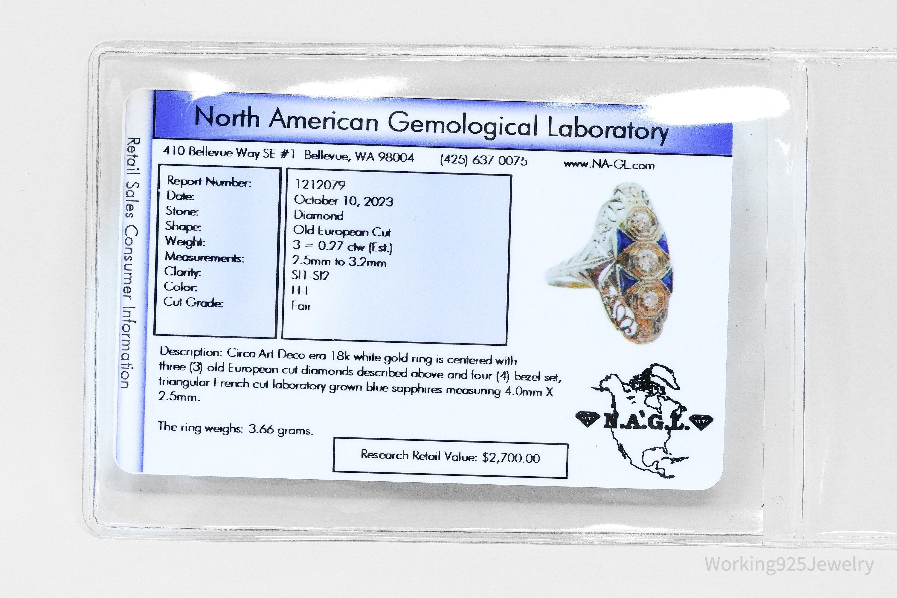 Circa Art Deco Era 18K White Gold, Diamonds And Sapphire Ring - Size 7.5