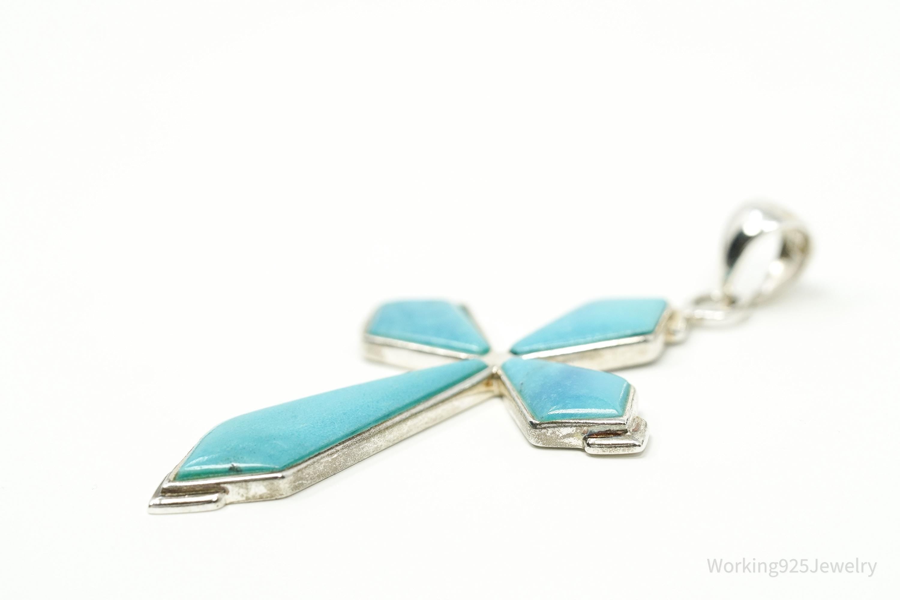 Large Vintage SX Designer Turquoise Inlay Cross Sterling Silver Pendant 3"