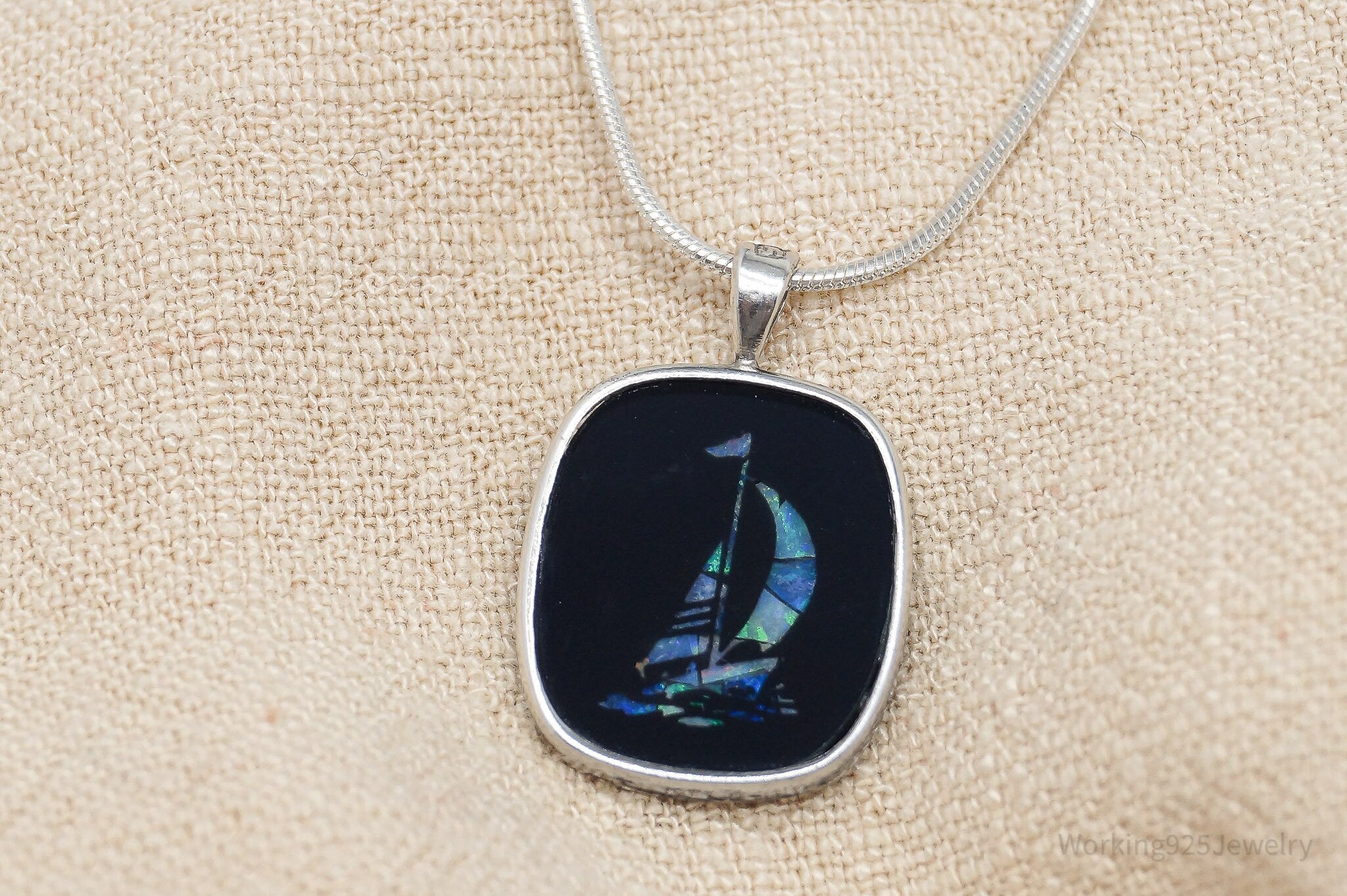 Vintage Opal Inlay Sail Boat Sterling Silver Necklace - 18"