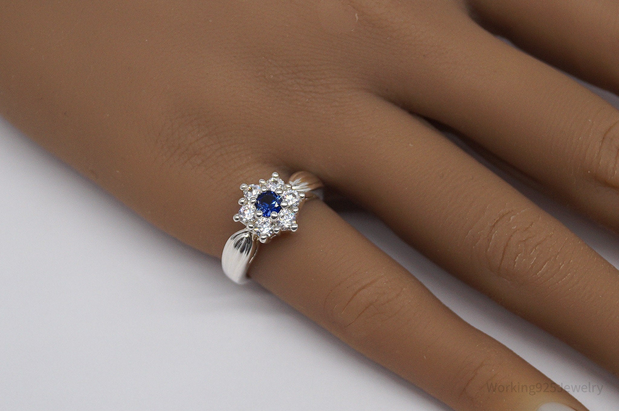 Sapphire & Cubic Zirconia Rhodium Plated Sterling Silver Ring - Size 6