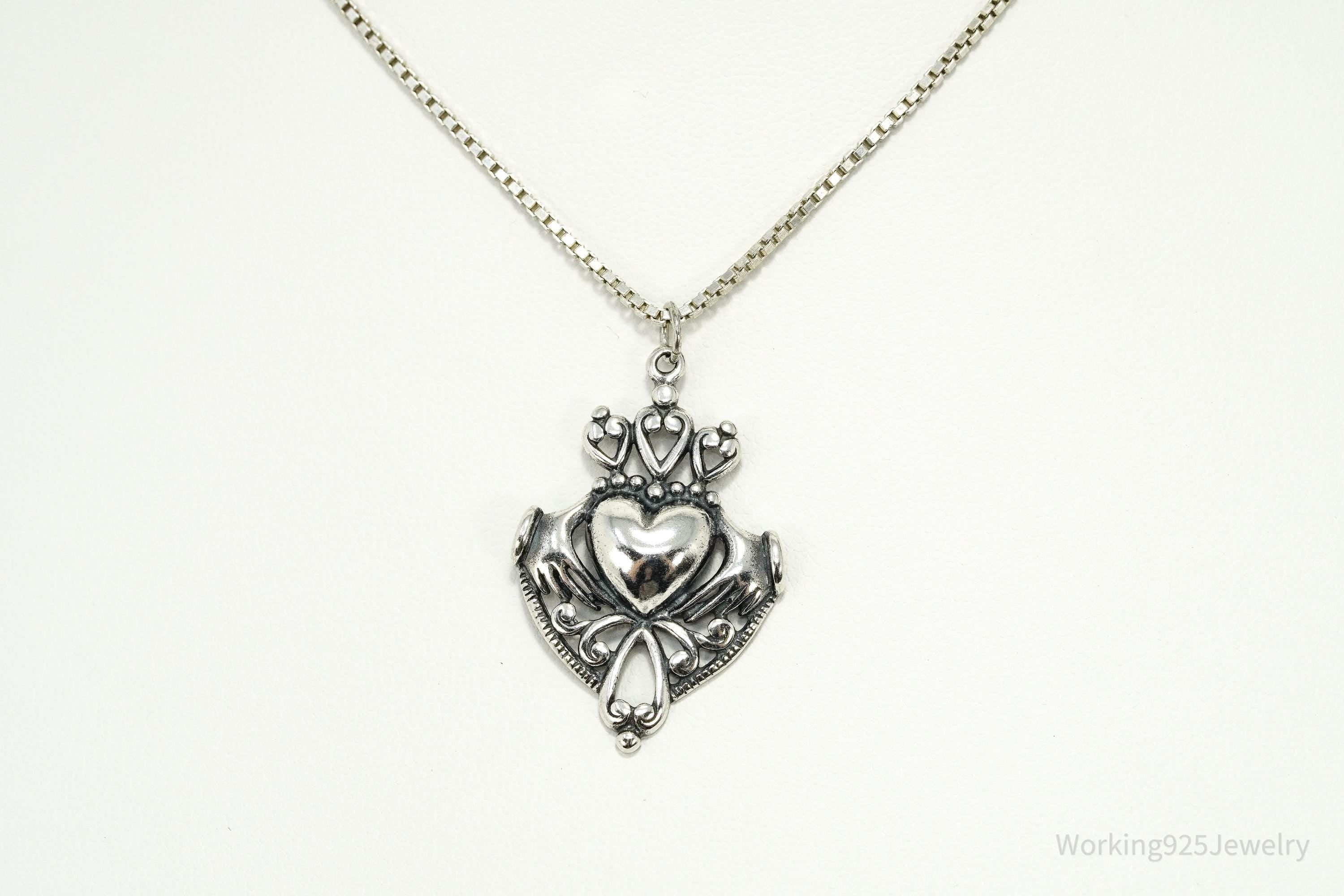 Vintage Claddagh Irish Heart Sterling Silver Necklace 18"