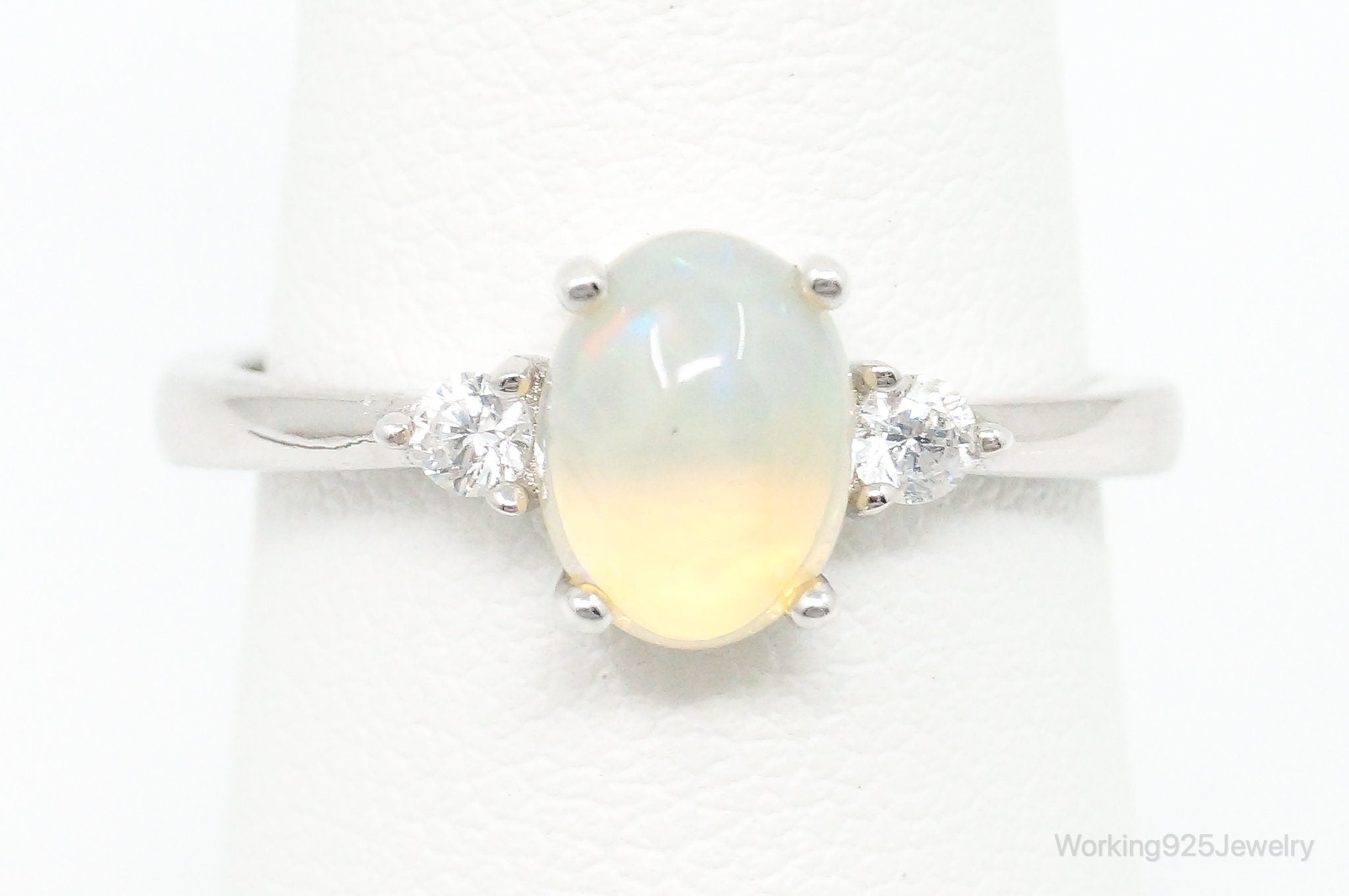 Vintage Opal Cubic Zirconia Sterling Silver Ring - Size 7.5 Adjustable