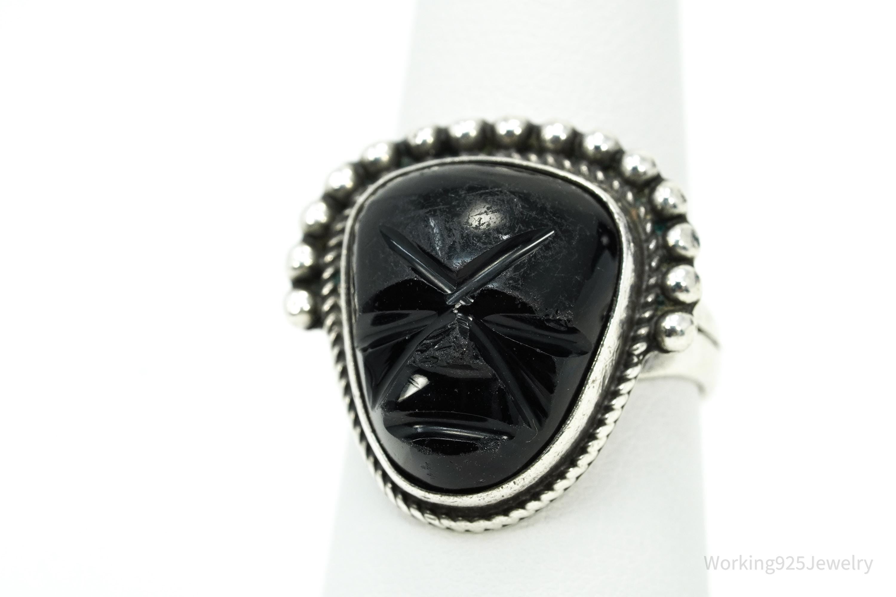 Vintage Mexican Carved Black Onyx Mask Silver Ring - Size 7.75