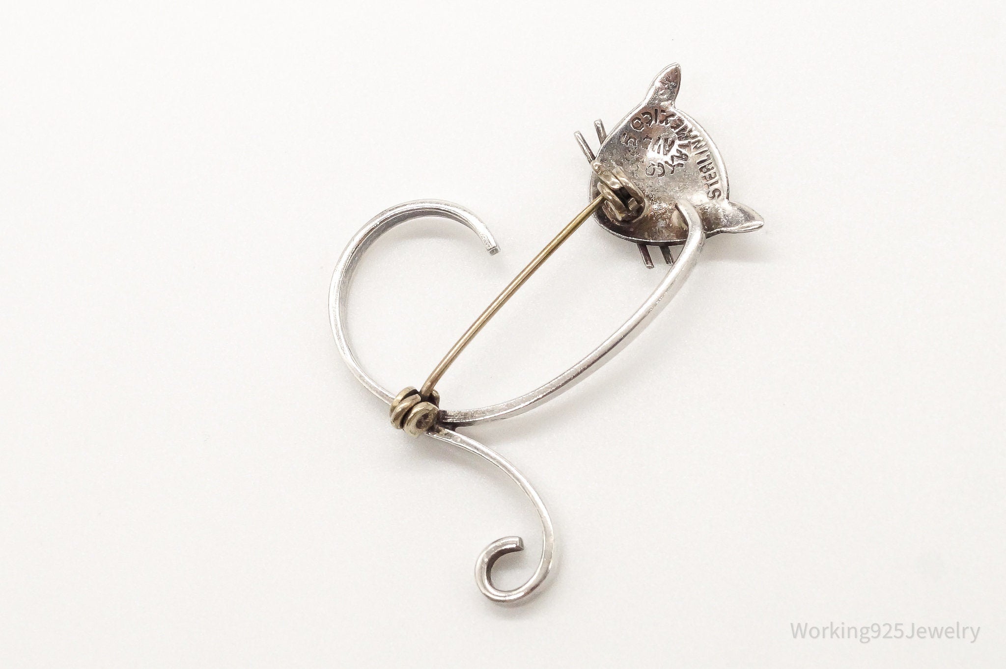 Vintage Taxco Designer Abstract Cat Sterling Silver Brooch Pin