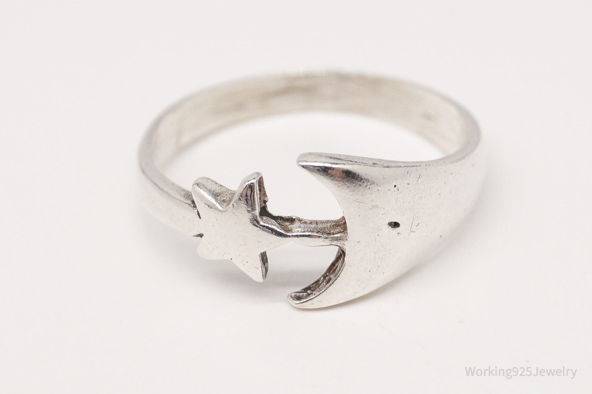 Vintage Moon & Star Sterling Silver Ring - Size 6.5