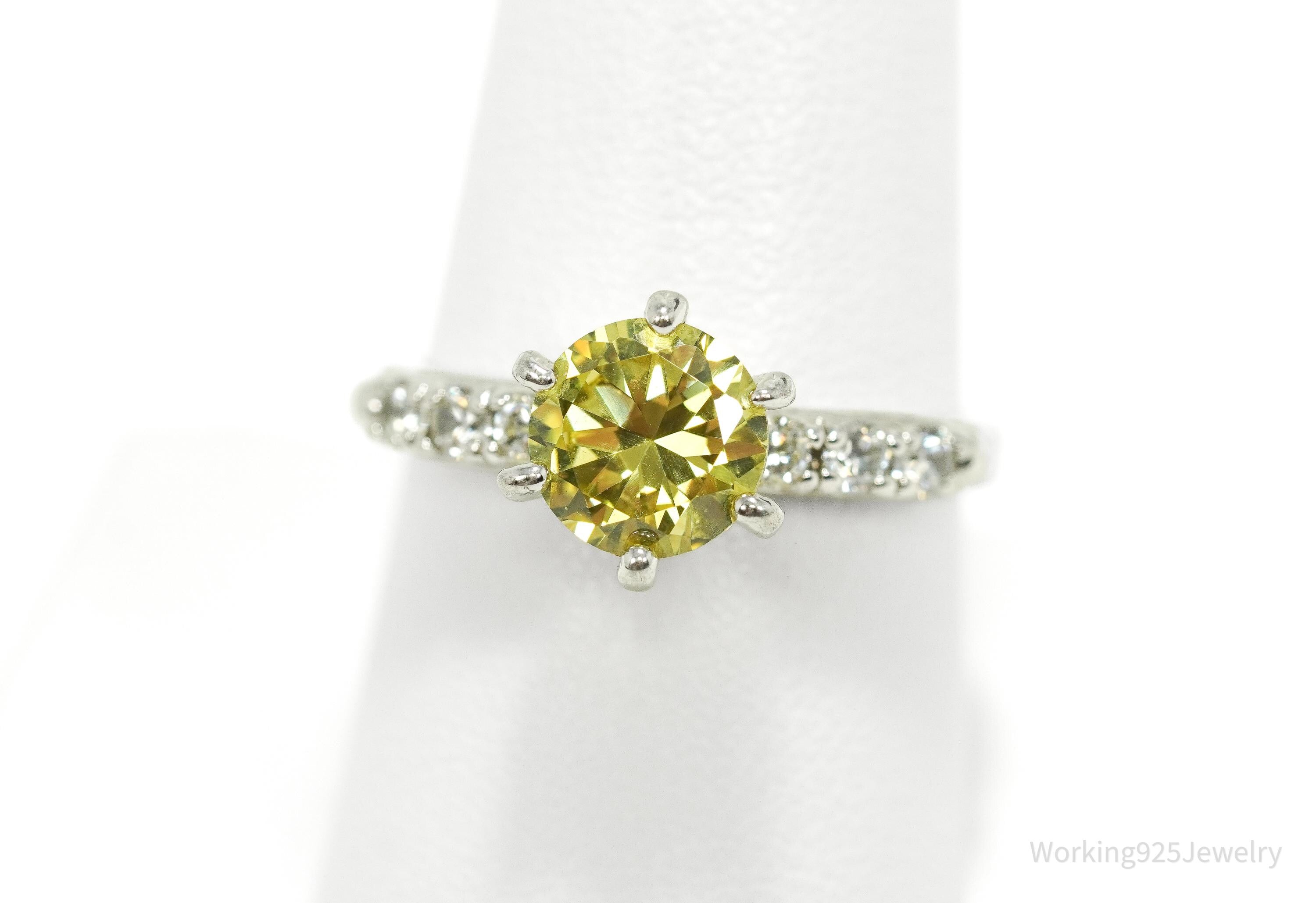 Vintage Yellow & White Cubic Zirconia Silver Ring - Size 9