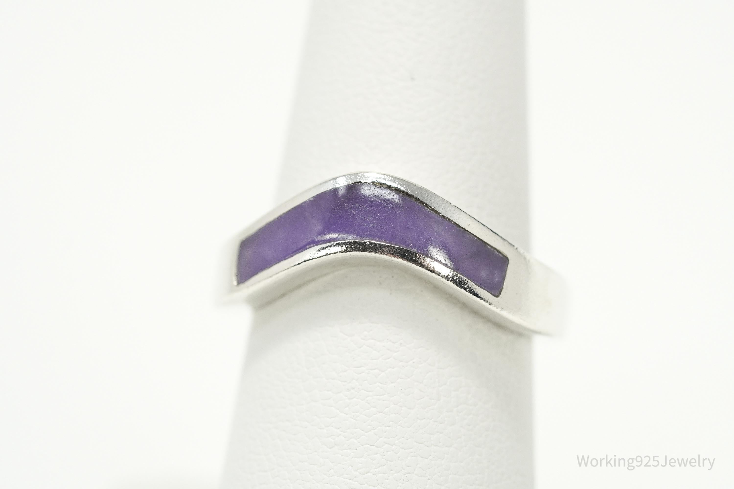 Vintage Purple Stone Inlay Sterling Silver Band Ring – Size 7